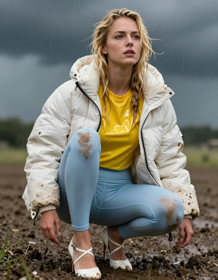 photo of young woman, in soaking wet, drenched clothes,
Strappy white stilettos, Dirty pale blue leggings , Very dirty white puffer jacket , shiny yellow t-shirt , Deep mud, 
enjoying, wet clothes stuck to body,
detailed textures of the wet clothes, wet face, wet plastered hair,
wet, drenched, professional, high-quality details, full body view.
sharp focus, ultra-high pixel detail, realistic, high-quality, full colors, incredibly detailed, 4k, 8k, 16k, hyper-realistic, RAW photo, masterpiece, ultra-detailed, professionally color graded, professional photograph, Blonde, in thunder storm, wet skin, wet clothes, damp fabric, wet skin, wet clothes, damp fabric