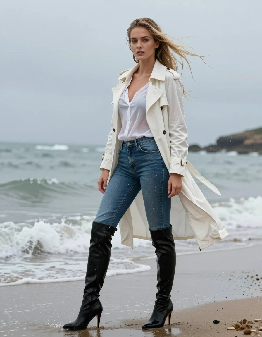 photo of young woman, in soaking wet, drenched clothes,
Black knee high stiletto boots , Denim jeans , White blouse trench coat , Beach, 
enjoying, wet clothes stuck to body,
detailed textures of the wet clothes, wet face, wet plastered hair,
wet, drenched, professional, high-quality details, full body view.
sharp focus, ultra-high pixel detail, realistic, high-quality, full colors, incredibly detailed, 4k, 8k, 16k, hyper-realistic, RAW photo, masterpiece, ultra-detailed, professionally color graded, professional photograph, Blonde hair floating in the water legs straight looking at me sexy look it’s raining, wet skin, wet clothes, damp fabric