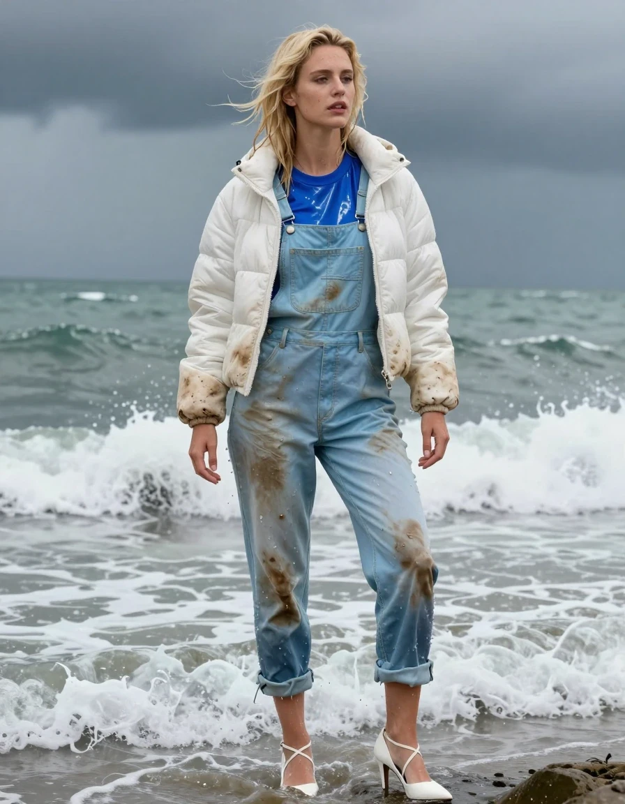 photo of young woman, in soaking wet, drenched clothes,
Strappy white stilettos, Dirty pale blue salopettes, Very dirty white puffer jacket , shiny blue t-shirt , Standing in the surf, 
enjoying, wet clothes stuck to body,
detailed textures of the wet clothes, wet face, wet plastered hair,
wet, drenched, professional, high-quality details, full body view.
sharp focus, ultra-high pixel detail, realistic, high-quality, full colors, incredibly detailed, 4k, 8k, 16k, hyper-realistic, RAW photo, masterpiece, ultra-detailed, professionally color graded, professional photograph, Blonde, in thunder storm, wet skin, wet clothes, damp fabric, wet skin, wet clothes, damp fabric, wet skin, wet clothes, damp fabric, wet skin, wet clothes, damp fabric