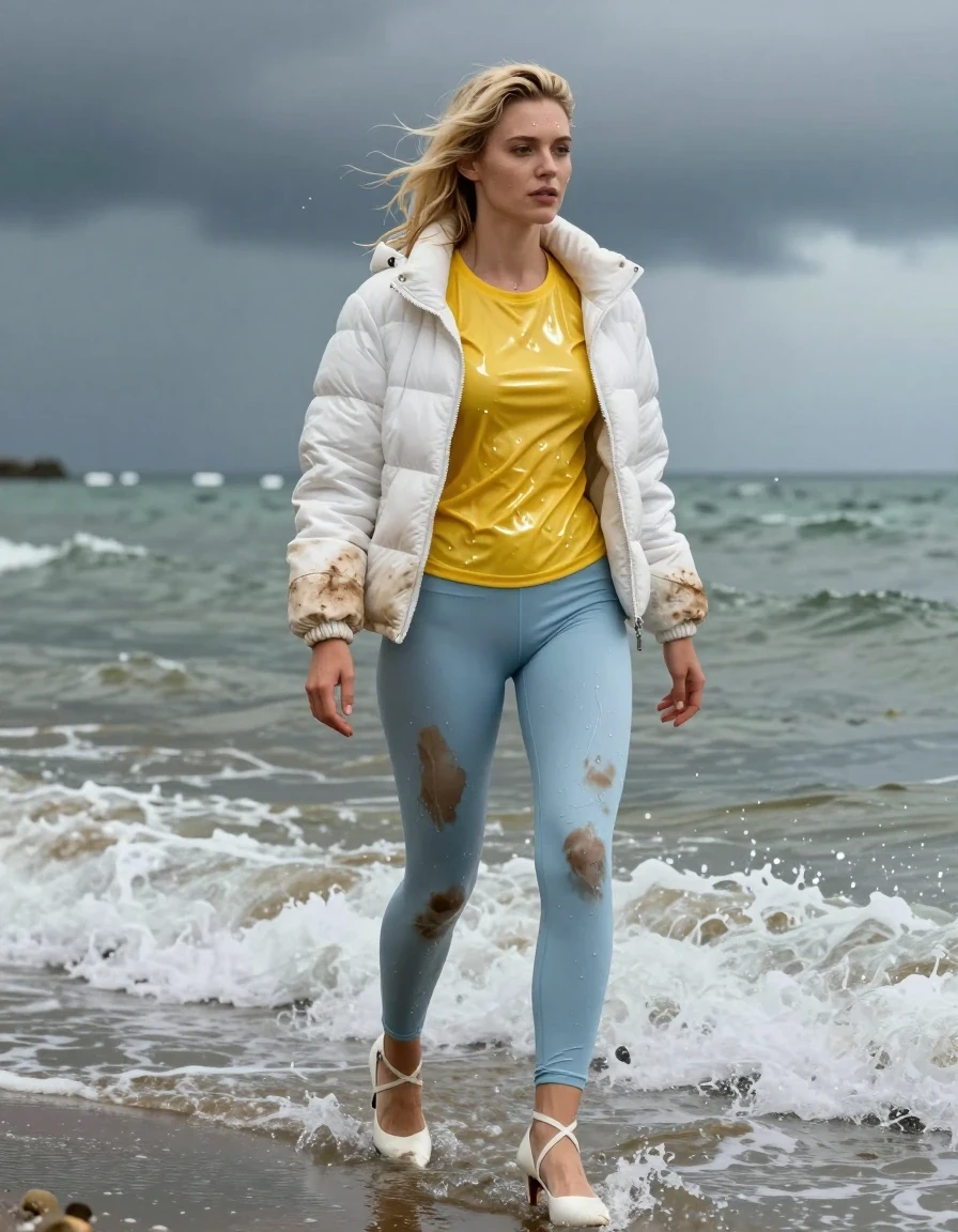 photo of young woman, in soaking wet, drenched clothes,
Strappy white stilettos, Dirty pale blue leggings , Very dirty white puffer jacket , shiny yellow t-shirt , Standing in the surf, 
enjoying, wet clothes stuck to body,
detailed textures of the wet clothes, wet face, wet plastered hair,
wet, drenched, professional, high-quality details, full body view.
sharp focus, ultra-high pixel detail, realistic, high-quality, full colors, incredibly detailed, 4k, 8k, 16k, hyper-realistic, RAW photo, masterpiece, ultra-detailed, professionally color graded, professional photograph, Blonde, in thunder storm, wet skin, wet clothes, damp fabric