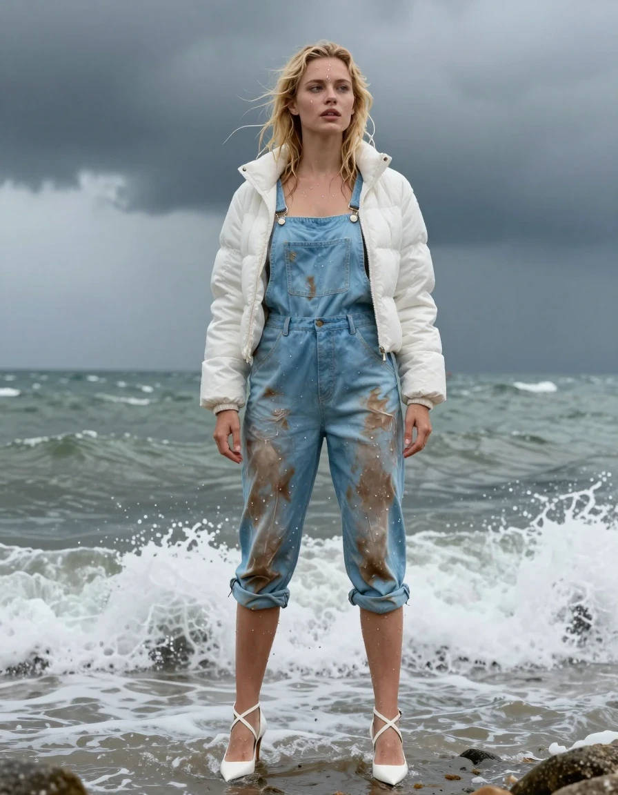 photo of young woman, in soaking wet, drenched clothes,
Strappy white stilettos, Dirty pale blue salopettes, White puffer jacket , Standing in the surf, 
enjoying, wet clothes stuck to body,
detailed textures of the wet clothes, wet face, wet plastered hair,
wet, drenched, professional, high-quality details, full body view.
sharp focus, ultra-high pixel detail, realistic, high-quality, full colors, incredibly detailed, 4k, 8k, 16k, hyper-realistic, RAW photo, masterpiece, ultra-detailed, professionally color graded, professional photograph, Blonde, in thunder storm, wet skin, wet clothes, damp fabric, wet skin, wet clothes, damp fabric, wet skin, wet clothes, damp fabric