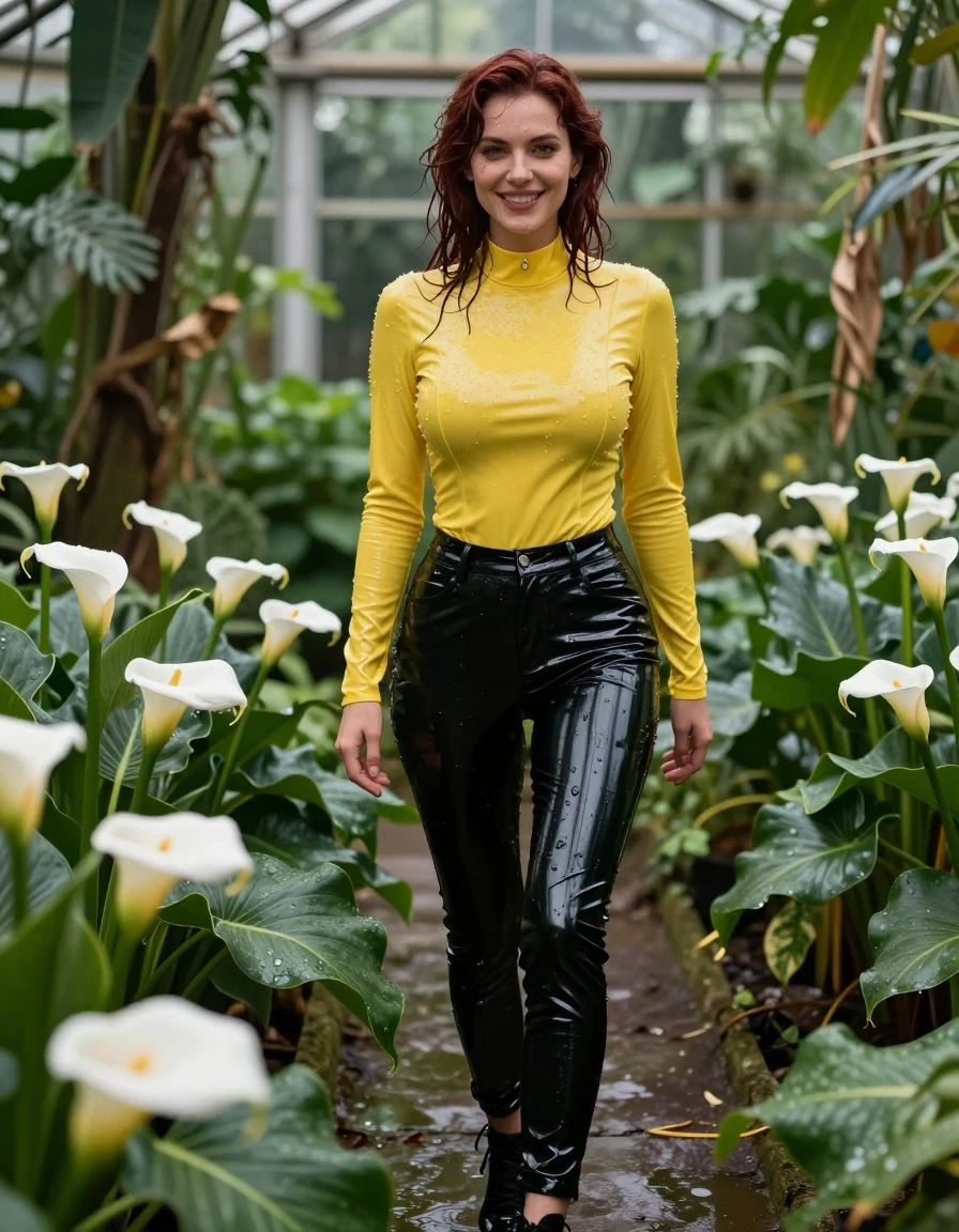 photo of young woman, in soaking wet, drenched clothes,
sport shoes, wet shiny black vinyl trousers, crimson yellow long-sleeved vinyl bodysuit, standing beside a cluster of elegant white calla lilies in a tropical greenhouse, 
enjoying, wet clothes stuck to body,
detailed textures of the wet clothes, wet face, wet plastered hair,
wet, drenched, professional, high-quality details, full body view.
sharp focus, ultra-high pixel detail, realistic, high-quality, full colors, incredibly detailed, 4k, 8k, 16k, hyper-realistic, RAW photo, masterpiece, ultra-detailed, professionally color graded, professional photograph, a realistic vertical fashion photograph of a 25-year-old woman with shoulder-length dark auburn hair, the lilies and her vinyl outfit are glistening with fresh moisture, she is smiling warmly at the camera, soft diffused daylight, lush greenhouse foliage in the background, high-quality fashion photography style. Very big boobs. No bra., wet skin, wet clothes, damp fabric