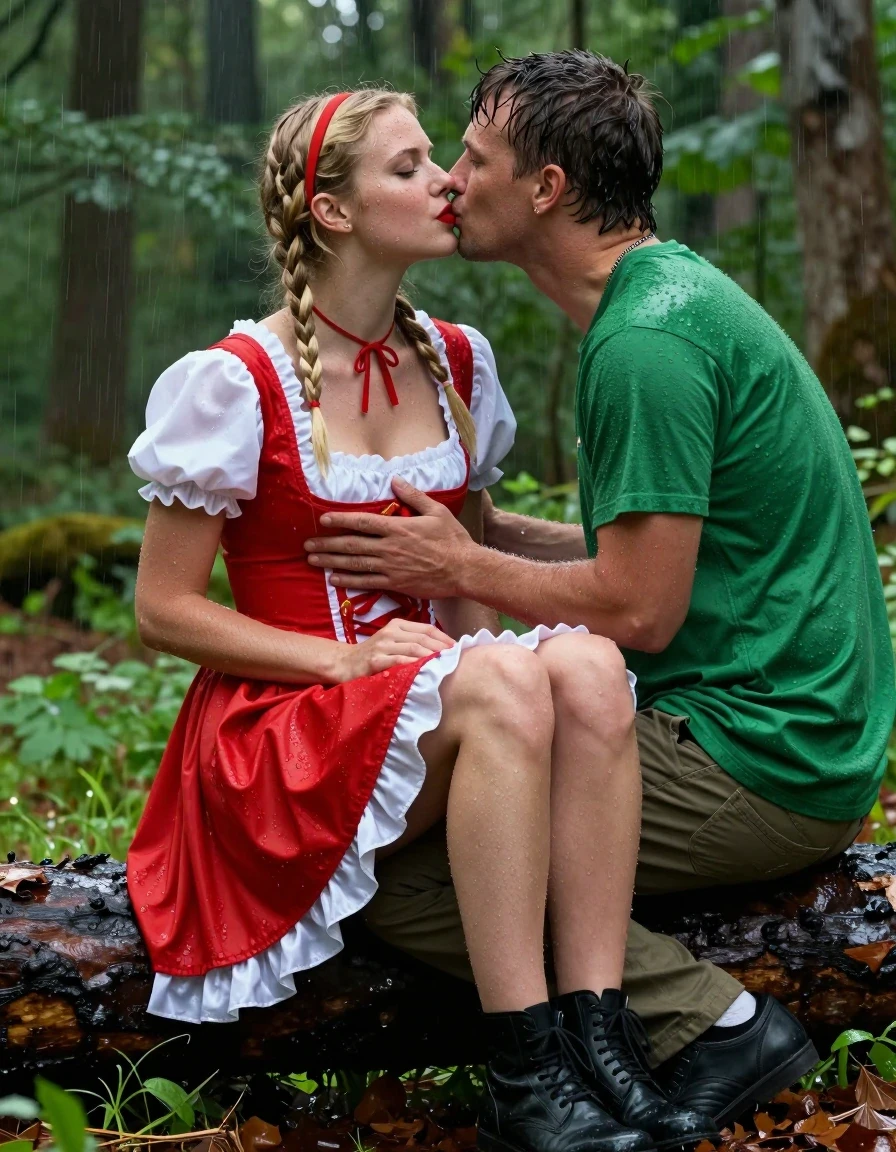photo of young woman, in soaking wet, drenched clothes,
schwarze Schuhe,, Rotkäppchen Kleid mit Puffärmel, Tiefer grüner Wald, 
enjoying, wet clothes stuck to body,
detailed textures of the wet clothes, wet face, wet plastered hair,
wet, drenched, professional, high-quality details, full body view.
sharp focus, ultra-high pixel detail, realistic, high-quality, full colors, incredibly detailed, 4k, 8k, 16k, hyper-realistic, RAW photo, masterpiece, ultra-detailed, professionally color graded, professional photograph, Fotorealistische Rückansicht als Ganzkörperaufnahme eines sehr jungen hübschen Mädchens in einem Rotkäppchen Kleid mit Puffärmel, unter ihrem Kleid trägt sie einen Unterrock aus weißer Seide, sie ist sehr klein und zierlich, sie trägt eine rote Halskette, sie sitzt auf dem Schoss eines jungen Mannes, er ist mit einem grünen T-Shirt und einer grünen Hose bekleidet sie sitzen im starken Regen und werden völlig durchnässt, sie hat blonde lange Zöpfe bis zur Hüfte, sie hatte mittelgroße flache Brüste, im Haar trägt sie ein rotes Haarband, ihr Mund ist dezent rot geschminkt, sie lächelt ihn erregt und einladend an, er küsst sie auf ihre geöffneten Mund und legt eine Hand auf ihren Busen, sie hat einen sinnlichen Gesichtsausdruck. Sie hebt ihren Rock hoch, so dass ihr weißer Slip sichtbar wird., wet skin, wet clothes, damp fabric