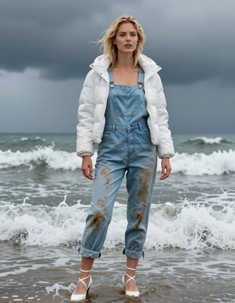 photo of young woman, in soaking wet, drenched clothes,
Strappy white stilettos, Dirty pale blue salopettes, White puffer jacket , Standing in the surf, 
enjoying, wet clothes stuck to body,
detailed textures of the wet clothes, wet face, wet plastered hair,
wet, drenched, professional, high-quality details, full body view.
sharp focus, ultra-high pixel detail, realistic, high-quality, full colors, incredibly detailed, 4k, 8k, 16k, hyper-realistic, RAW photo, masterpiece, ultra-detailed, professionally color graded, professional photograph, Blonde, in thunder storm, wet skin, wet clothes, damp fabric, wet skin, wet clothes, damp fabric, wet skin, wet clothes, damp fabric