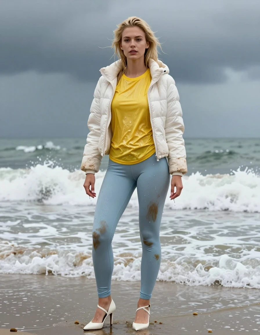photo of young woman, in soaking wet, drenched clothes,
Strappy white stilettos, Dirty pale blue leggings , Very dirty white puffer jacket , shiny yellow t-shirt , Standing in the surf, 
enjoying, wet clothes stuck to body,
detailed textures of the wet clothes, wet face, wet plastered hair,
wet, drenched, professional, high-quality details, full body view.
sharp focus, ultra-high pixel detail, realistic, high-quality, full colors, incredibly detailed, 4k, 8k, 16k, hyper-realistic, RAW photo, masterpiece, ultra-detailed, professionally color graded, professional photograph, Blonde, in thunder storm, wet skin, wet clothes, damp fabric