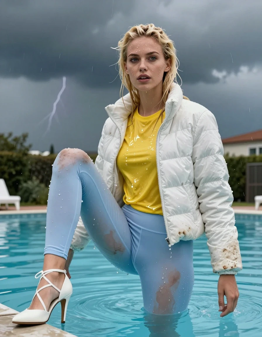 photo of young woman, in soaking wet, drenched clothes,
Strappy white stilettos, Dirty pale blue leggings , Very dirty white puffer jacket , shiny yellow t-shirt , Swimming in pool , 
enjoying, wet clothes stuck to body,
detailed textures of the wet clothes, wet face, wet plastered hair,
wet, drenched, professional, high-quality details, full body view.
sharp focus, ultra-high pixel detail, realistic, high-quality, full colors, incredibly detailed, 4k, 8k, 16k, hyper-realistic, RAW photo, masterpiece, ultra-detailed, professionally color graded, professional photograph, Blonde, in thunder storm, wet skin, wet clothes, damp fabric