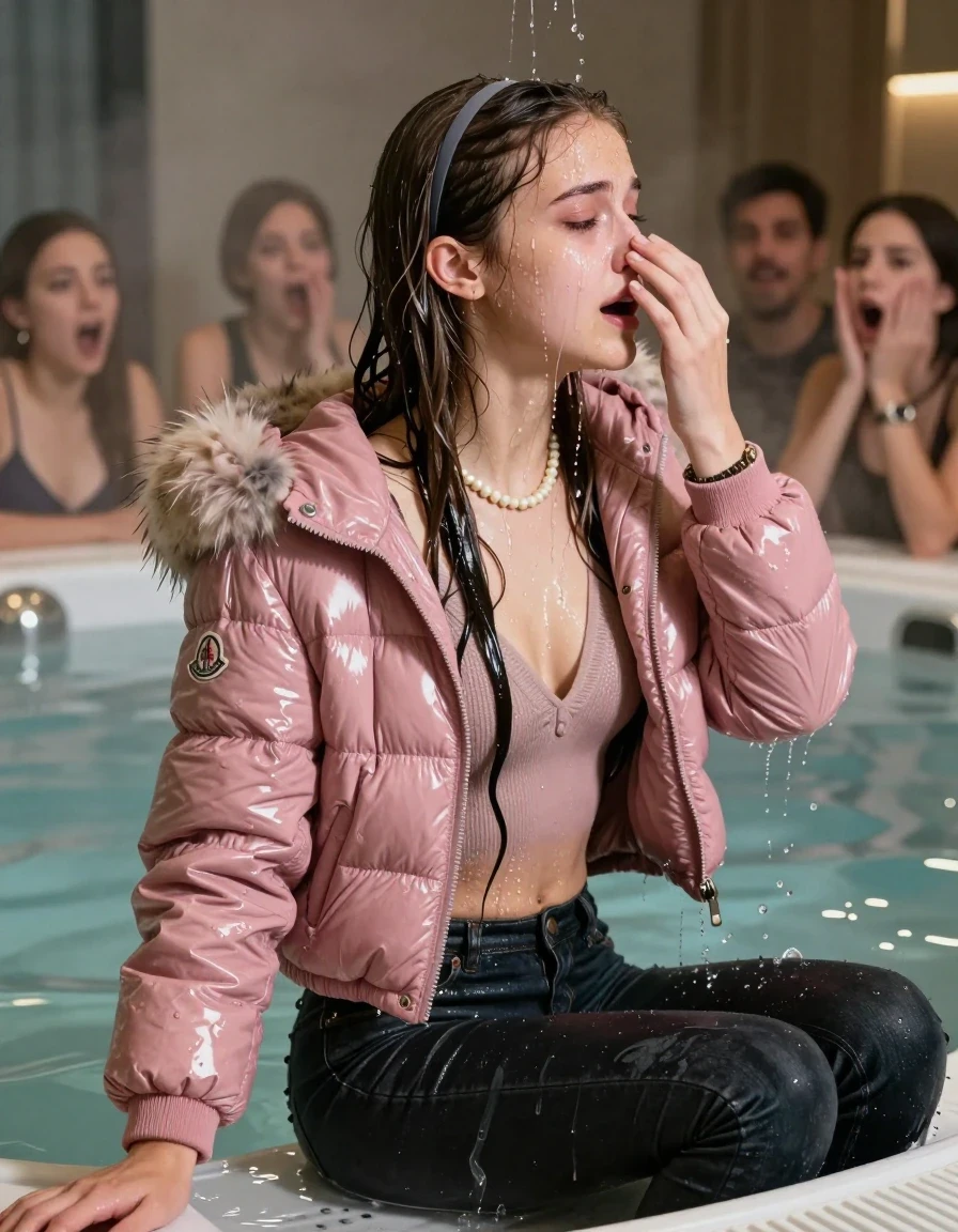 photo of young woman, in soaking wet, drenched clothes,
, Dark skinny jeans, Pink Moncler shiny puffer down jacket with fur, Open jacket, tight v-neck sweater, shoulderbag, pearl necklace, bracelet, wristwatch, Steaming indoor jacuzzi , 
enjoying, wet clothes stuck to body,
detailed textures of the wet clothes, wet face, wet plastered hair,
wet, drenched, professional, high-quality details, full body view.
sharp focus, ultra-high pixel detail, realistic, high-quality, full colors, incredibly detailed, 4k, 8k, 16k, hyper-realistic, RAW photo, masterpiece, ultra-detailed, professionally color graded, professional photograph, A realistic vertical fashion photograph taken from a backward, behind-the-back angle of a 15-year-old teenage girl sitting in a steaming indoor jacuzzi, facing away from the camera to show her back. She cover her nose with her hand. She is tilting her head back, letting the water drench her hair so it is glued flat against her head and body. She has Sleek  straight long hair with hairband, completely saturated and dripping wet hair, with water cascading down her face and neck, crying and astonished expression. The lighting is bright and cinematic, highlighting the glistening water droplets on her skin and the saturated texture of her  casual clothes.  Open mouth, half closed eyes. 
A group of friends in the background looking shocked at her.
her clothing is soaking wet and clinging tightly to her skin, showing heavy wet folds, darkened fabric texture, and deep water-saturated Patches, her clothes are heavy from the water, water runs from her body and her clothes in streams. A lot of water also runs out of her clothes. Her clothes are darkened by the water. 
hyper-realistic wetness, high-contrast water sheen, sharp focus, 16k resolution, professional photography, realistic water physics., wet skin, wet clothes, damp fabric, wet skin, wet clothes, damp fabric, wet skin, wet clothes, damp fabric, wet skin, wet clothes, damp fabric, wet skin, wet clothes, damp fabric, wet skin, wet clothes, damp fabric, wet skin, wet clothes, damp fabric, wet skin, wet clothes, damp fabric, wet skin, wet clothes, damp fabric