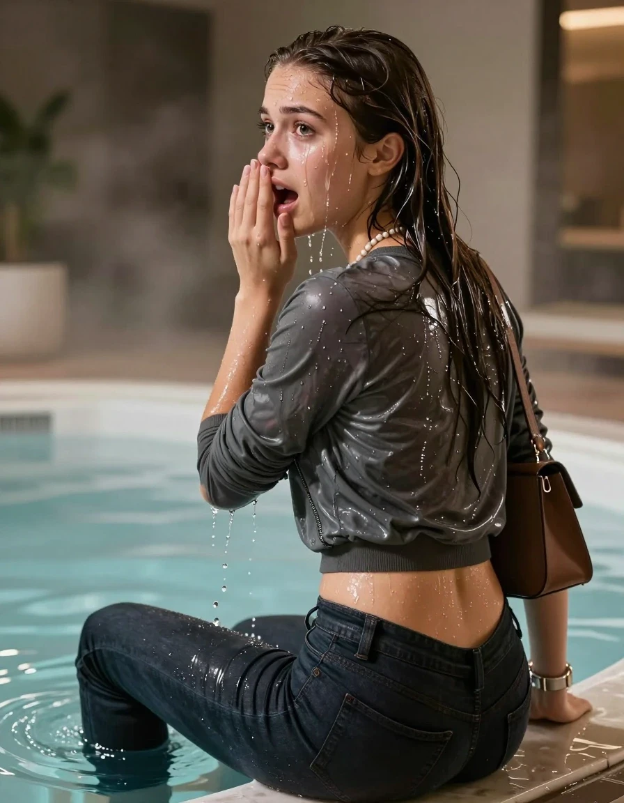 photo of young woman, in soaking wet, drenched clothes,
,  Dark levis skinny jeans, Bomber jacket, tight v-neck sweater belly free, shoulderbag, pearl necklace, bracelet, wristwatch, Steaming indoor jacuzzi , 
enjoying, wet clothes stuck to body,
detailed textures of the wet clothes, wet face, wet plastered hair,
wet, drenched, professional, high-quality details, full body view.
sharp focus, ultra-high pixel detail, realistic, high-quality, full colors, incredibly detailed, 4k, 8k, 16k, hyper-realistic, RAW photo, masterpiece, ultra-detailed, professionally color graded, professional photograph, A realistic vertical fashion photograph taken from a backward, behind-the-back angle of a 15-year-old teenage girl sitting in a steaming indoor jacuzzi, facing away from the camera to show her back. She holds her hand in front of her mouth. She is tilting her head at camera, letting the water drench her hair so it is glued flat against her head and body. She has Sleek long straight hair, completely saturated and dripping wet hair, with water cascading down her face and neck, shocked crying and astonished expression. The lighting is bright and cinematic, highlighting the glistening water droplets on her skin and the saturated texture of her  casual clothes.  Open mouth. 
her clothing is soaking wet and clinging tightly to her skin, showing heavy wet folds, darkened fabric texture, and deep water-saturated Patches, her clothes are heavy from the water, water runs from her body and her clothes in streams. A lot of water also runs out of her clothes. Her clothes are darkened by the water. 
hyper-realistic wetness, high-contrast water sheen, sharp focus, 16k resolution, professional photography, realistic water physics., wet skin, wet clothes, damp fabric, wet skin, wet clothes, damp fabric, wet skin, wet clothes, damp fabric, wet skin, wet clothes, damp fabric, wet skin, wet clothes, damp fabric, wet skin, wet clothes, damp fabric, wet skin, wet clothes, damp fabric, wet skin, wet clothes, damp fabric, wet skin, wet clothes, damp fabric, wet skin, wet clothes, damp fabric, wet skin, wet clothes, damp fabric, wet skin, wet clothes, damp fabric, wet skin, wet clothes, damp fabric