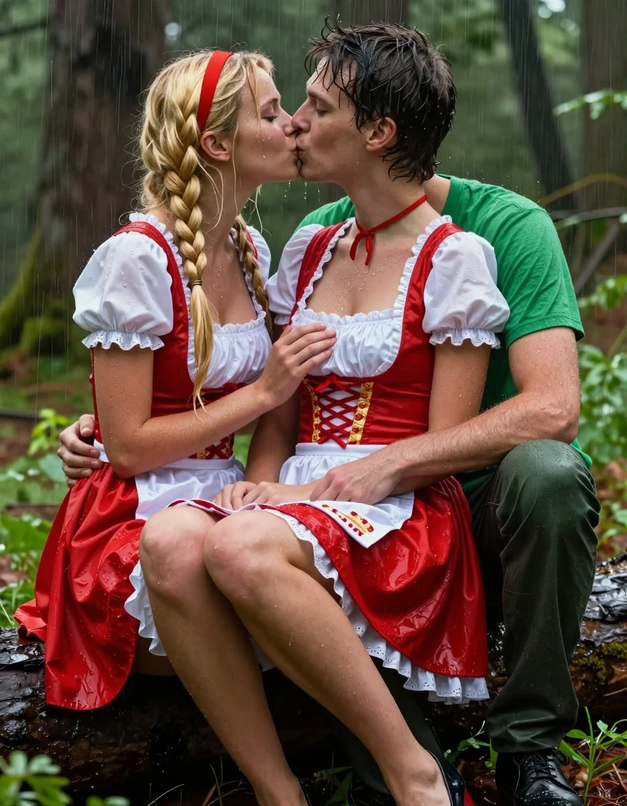 photo of young woman, in soaking wet, drenched clothes,
schwarze Schuhe,, Rotkäppchen Kleid mit Puffärmel, Tiefer grüner Wald, 
enjoying, wet clothes stuck to body,
detailed textures of the wet clothes, wet face, wet plastered hair,
wet, drenched, professional, high-quality details, full body view.
sharp focus, ultra-high pixel detail, realistic, high-quality, full colors, incredibly detailed, 4k, 8k, 16k, hyper-realistic, RAW photo, masterpiece, ultra-detailed, professionally color graded, professional photograph, Fotorealistische Ganzkörperaufnahme eines sehr jungen hübschen Mädchens in einem Rotkäppchen Kleid mit Puffärmel, unter ihrem Kleid trägt sie einen Unterrock aus weißer Seide, sie ist sehr klein und zierlich, sie trägt eine rote Halskette, sie sitzt auf dem Schoss eines jungen Mannes, er ist mit einem grünen T-Shirt und einer grünen Hose bekleidet sie sitzen im starken Regen und werden völlig durchnässt, sie hat blonde lange Zöpfe bis zur Hüfte, sie hatte mittelgroße flache Brüste, im Haar trägt sie ein rotes Haarband, ihr Mund ist dezent rot geschminkt, sie lächelt ihn erregt und einladend an, er küsst sie auf ihre geöffneten Mund und legt eine Hand auf ihren Busen, sie hat einen sinnlichen Gesichtsausdruck. Sie hebt ihren Rock hoch, so dass ihr weißer Slip sichtbar wird., wet skin, wet clothes, damp fabric