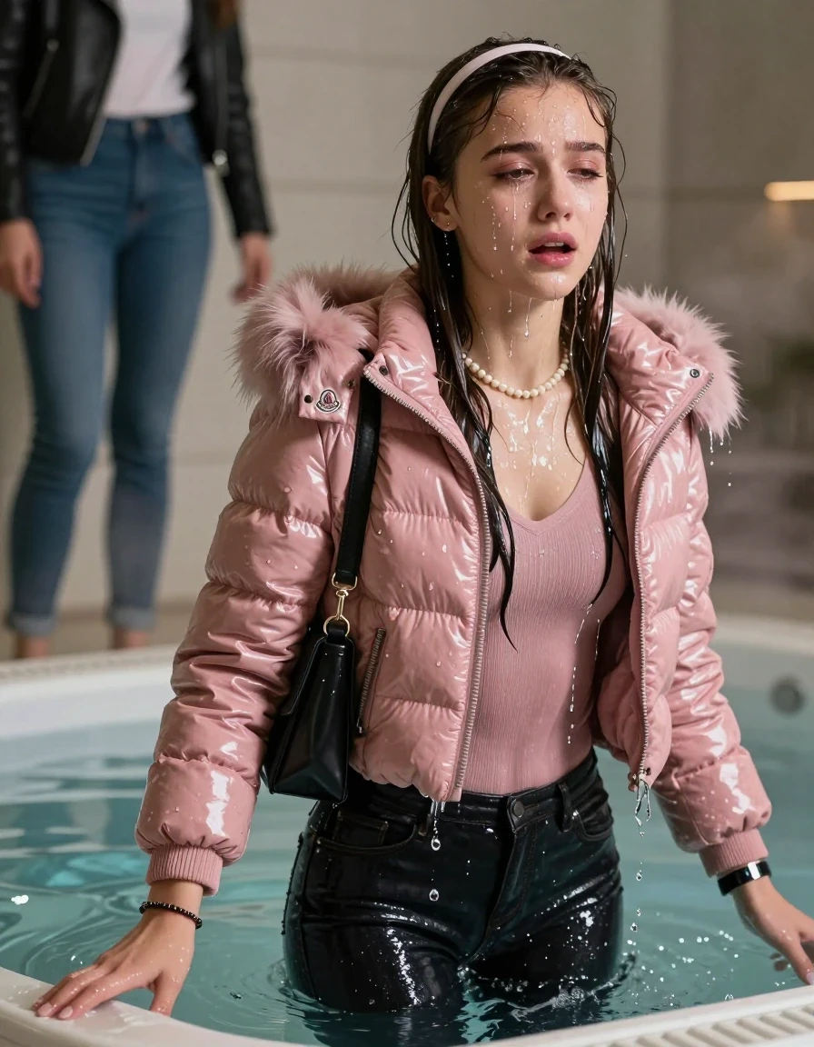 photo of young woman, in soaking wet, drenched clothes,
, Dark skinny jeans, Pink Moncler shiny puffer down jacket with fur, Open jacket, tight v-neck sweater, shoulderbag, pearl necklace, bracelet, wristwatch, Steaming indoor jacuzzi , 
enjoying, wet clothes stuck to body,
detailed textures of the wet clothes, wet face, wet plastered hair,
wet, drenched, professional, high-quality details, full body view.
sharp focus, ultra-high pixel detail, realistic, high-quality, full colors, incredibly detailed, 4k, 8k, 16k, hyper-realistic, RAW photo, masterpiece, ultra-detailed, professionally color graded, professional photograph, A realistic vertical fashion photograph taken from a backward, behind-the-back angle of a 15-year-old teenage girl sitting in a steaming indoor jacuzzi, facing away from the camera to show her back. She is tilting her head at camera, letting the water drench her hair so it is glued flat against her head and body. She has Sleek  straight long hair with hairband, completely saturated and dripping wet hair, with water cascading down her face and neck, crying and astonished expression. The lighting is bright and cinematic, highlighting the glistening water droplets on her skin and the saturated texture of her  casual clothes.  Open mouth, half closed eyes. 
A shocked friend wearing a leatherjacket and skinny jeans watching her.
her clothing is soaking wet and clinging tightly to her skin, showing heavy wet folds, darkened fabric texture, and deep water-saturated Patches, her clothes are heavy from the water, water runs from her body and her clothes in streams. A lot of water also runs out of her clothes. Her clothes are darkened by the water. 
hyper-realistic wetness, high-contrast water sheen, sharp focus, 16k resolution, professional photography, realistic water physics., wet skin, wet clothes, damp fabric, wet skin, wet clothes, damp fabric, wet skin, wet clothes, damp fabric, wet skin, wet clothes, damp fabric, wet skin, wet clothes, damp fabric, wet skin, wet clothes, damp fabric, wet skin, wet clothes, damp fabric, wet skin, wet clothes, damp fabric, wet skin, wet clothes, damp fabric