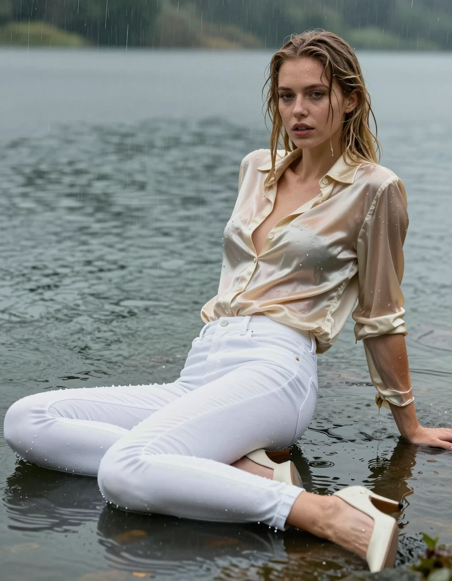 photo of young woman, in soaking wet, drenched clothes,
pumps, light tight white jeans, silk, shiny light golden silk shirt , long blouse, lake, rain, 
enjoying, wet clothes stuck to body,
detailed textures of the wet clothes, wet face, wet plastered hair,
wet, drenched, professional, high-quality details, full body view.
sharp focus, ultra-high pixel detail, realistic, high-quality, full colors, incredibly detailed, 4k, 8k, 16k, hyper-realistic, RAW photo, masterpiece, ultra-detailed, professionally color graded, professional photograph, collar, long sleeves, unbuttoned, 
dripping wet hair, long hair, blonde, drenched, dripping wet, complete submerged, full body view, lying, show her back, nipples, long pants, wet skin, wet clothes, damp fabric