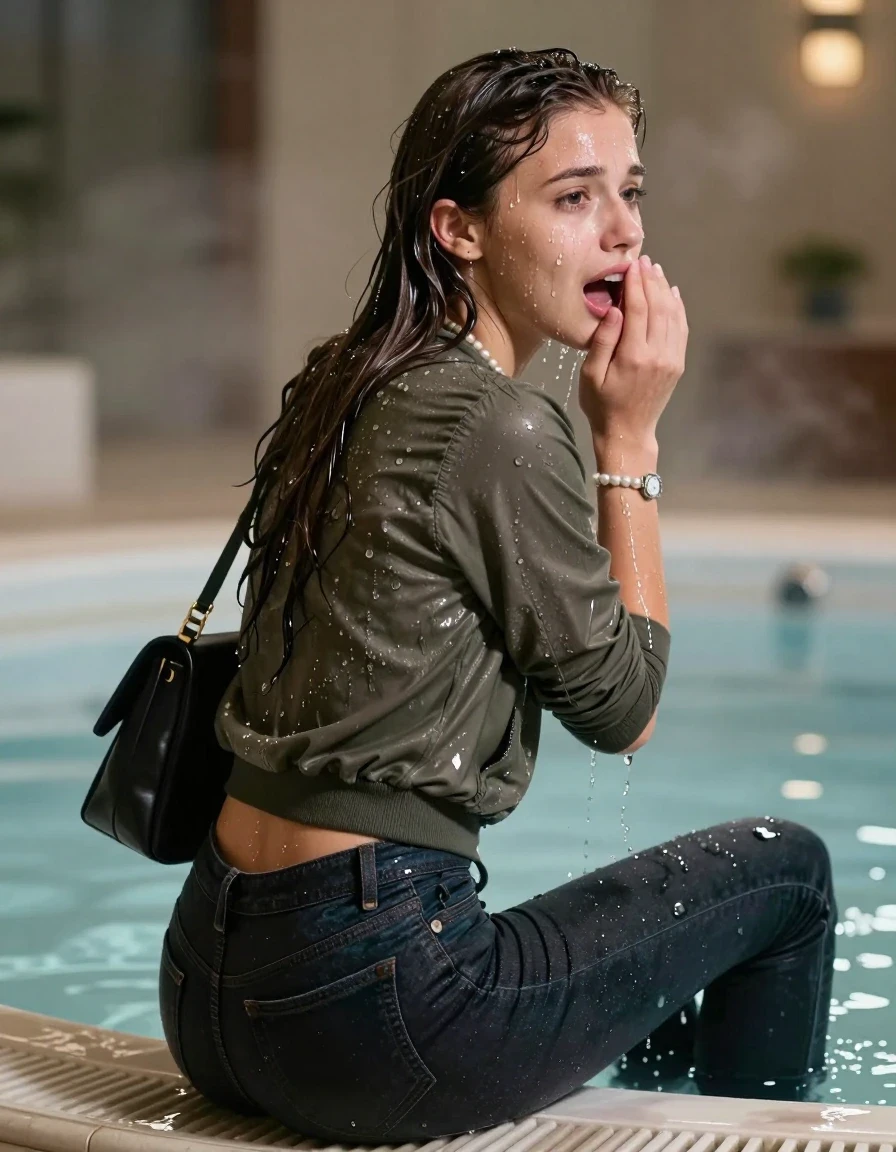 photo of young woman, in soaking wet, drenched clothes,
,  Dark levis skinny jeans, Bomber jacket, tight v-neck sweater belly free, shoulderbag, pearl necklace, bracelet, wristwatch, Steaming indoor jacuzzi , 
enjoying, wet clothes stuck to body,
detailed textures of the wet clothes, wet face, wet plastered hair,
wet, drenched, professional, high-quality details, full body view.
sharp focus, ultra-high pixel detail, realistic, high-quality, full colors, incredibly detailed, 4k, 8k, 16k, hyper-realistic, RAW photo, masterpiece, ultra-detailed, professionally color graded, professional photograph, A realistic vertical fashion photograph taken from a backward, behind-the-back angle of a 15-year-old teenage girl sitting in a steaming indoor jacuzzi, facing away from the camera to show her back. She holds her hand in front of her mouth. She is tilting her head at camera, letting the water drench her hair so it is glued flat against her head and body. She has Sleek long straight hair, completely saturated and dripping wet hair, with water cascading down her face and neck, shocked crying and astonished expression. The lighting is bright and cinematic, highlighting the glistening water droplets on her skin and the saturated texture of her  casual clothes.  Open mouth. 
her clothing is soaking wet and clinging tightly to her skin, showing heavy wet folds, darkened fabric texture, and deep water-saturated Patches, her clothes are heavy from the water, water runs from her body and her clothes in streams. A lot of water also runs out of her clothes. Her clothes are darkened by the water. 
hyper-realistic wetness, high-contrast water sheen, sharp focus, 16k resolution, professional photography, realistic water physics., wet skin, wet clothes, damp fabric, wet skin, wet clothes, damp fabric, wet skin, wet clothes, damp fabric, wet skin, wet clothes, damp fabric, wet skin, wet clothes, damp fabric, wet skin, wet clothes, damp fabric, wet skin, wet clothes, damp fabric, wet skin, wet clothes, damp fabric, wet skin, wet clothes, damp fabric, wet skin, wet clothes, damp fabric, wet skin, wet clothes, damp fabric, wet skin, wet clothes, damp fabric, wet skin, wet clothes, damp fabric
