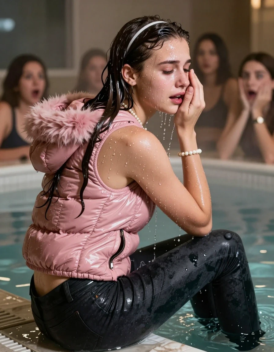 photo of young woman, in soaking wet, drenched clothes,
, Dark skinny jeans, Pink Moncler shiny puffer down jacket with fur, Open jacket, tight v-neck sweater, shoulderbag, pearl necklace, bracelet, wristwatch, Steaming indoor jacuzzi , 
enjoying, wet clothes stuck to body,
detailed textures of the wet clothes, wet face, wet plastered hair,
wet, drenched, professional, high-quality details, full body view.
sharp focus, ultra-high pixel detail, realistic, high-quality, full colors, incredibly detailed, 4k, 8k, 16k, hyper-realistic, RAW photo, masterpiece, ultra-detailed, professionally color graded, professional photograph, A realistic vertical fashion photograph taken from a backward, behind-the-back angle of a 15-year-old teenage girl sitting in a steaming indoor jacuzzi, facing away from the camera to show her back. She hold her hand on her face. She is tilting her head at camera, letting the water drench her hair so it is glued flat against her head and body. She has Sleek  straight long hair with hairband, completely saturated and dripping wet hair, with water cascading down her face and neck, crying and astonished expression. The lighting is bright and cinematic, highlighting the glistening water droplets on her skin and the saturated texture of her  casual clothes.  Open mouth, half closed eyes. 
A group of friends in the background looking shocked at her.
her clothing is soaking wet and clinging tightly to her skin, showing heavy wet folds, darkened fabric texture, and deep water-saturated Patches, her clothes are heavy from the water, water runs from her body and her clothes in streams. A lot of water also runs out of her clothes. Her clothes are darkened by the water. 
hyper-realistic wetness, high-contrast water sheen, sharp focus, 16k resolution, professional photography, realistic water physics., wet skin, wet clothes, damp fabric, wet skin, wet clothes, damp fabric, wet skin, wet clothes, damp fabric, wet skin, wet clothes, damp fabric, wet skin, wet clothes, damp fabric, wet skin, wet clothes, damp fabric, wet skin, wet clothes, damp fabric, wet skin, wet clothes, damp fabric, wet skin, wet clothes, damp fabric