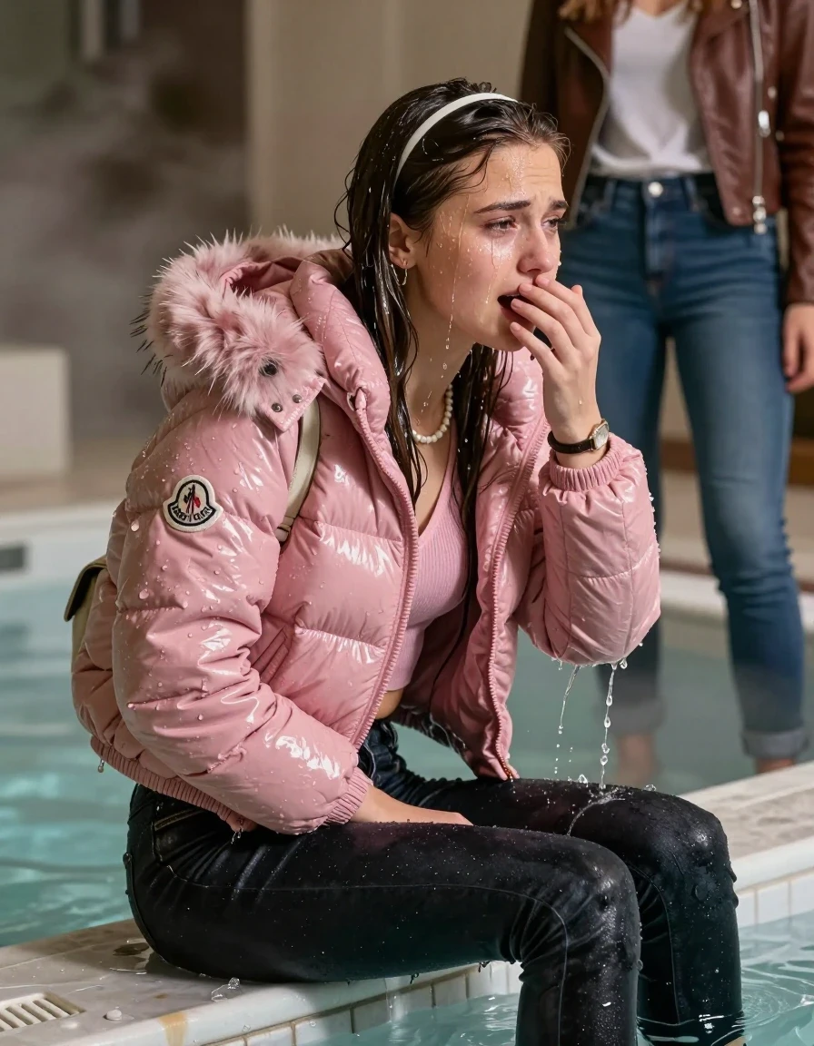 photo of young woman, in soaking wet, drenched clothes,
, Dark skinny jeans, Pink Moncler shiny puffer down jacket with fur, Open jacket, tight v-neck sweater, shoulderbag, pearl necklace, bracelet, wristwatch, Steaming indoor jacuzzi  with a friend, 
enjoying, wet clothes stuck to body,
detailed textures of the wet clothes, wet face, wet plastered hair,
wet, drenched, professional, high-quality details, full body view.
sharp focus, ultra-high pixel detail, realistic, high-quality, full colors, incredibly detailed, 4k, 8k, 16k, hyper-realistic, RAW photo, masterpiece, ultra-detailed, professionally color graded, professional photograph, A realistic vertical fashion photograph taken from a backward, behind-the-back angle of a 15-year-old teenage girl sitting in a steaming indoor jacuzzi, facing away from the camera to show her back. She hold her hand on her mouth. She is tilting her head at camera, letting the water drench her hair so it is glued flat against her head and body. She has Sleek  straight long hair with hairband, completely saturated and dripping wet hair, with water cascading down her face and neck, crying and astonished expression. The lighting is bright and cinematic, highlighting the glistening water droplets on her skin and the saturated texture of her  casual clothes.  Open mouth, half closed eyes. 
A shocked friend beside her wearing a leatherjacket and skinny jeans watching her.
her clothing is soaking wet and clinging tightly to her skin, showing heavy wet folds, darkened fabric texture, and deep water-saturated Patches, her clothes are heavy from the water, water runs from her body and her clothes in streams. A lot of water also runs out of her clothes. Her clothes are darkened by the water. 
hyper-realistic wetness, high-contrast water sheen, sharp focus, 16k resolution, professional photography, realistic water physics., wet skin, wet clothes, damp fabric, wet skin, wet clothes, damp fabric, wet skin, wet clothes, damp fabric, wet skin, wet clothes, damp fabric, wet skin, wet clothes, damp fabric, wet skin, wet clothes, damp fabric, wet skin, wet clothes, damp fabric, wet skin, wet clothes, damp fabric, wet skin, wet clothes, damp fabric