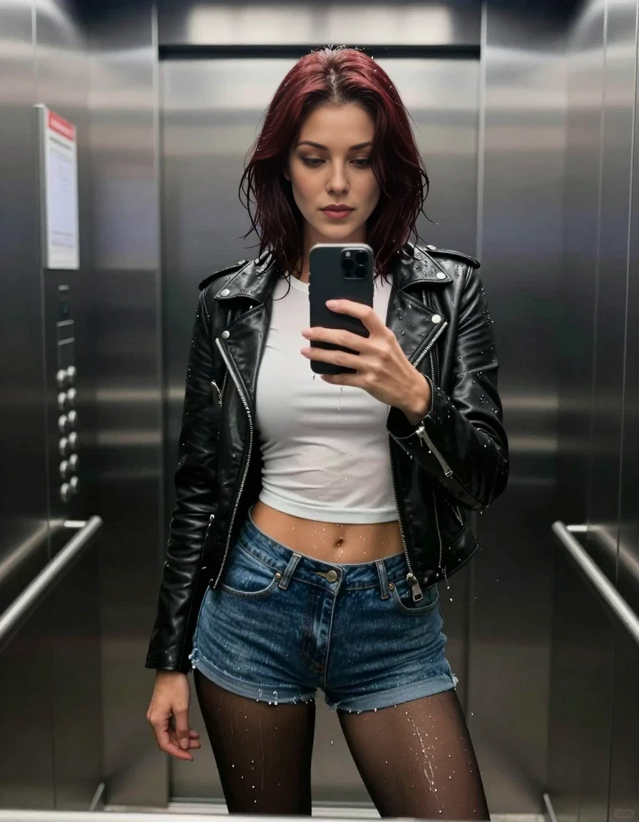 A realistic vertical fashion photograph of a 25-year-old woman with shoulder-length dark auburn hair, standing inside a sleek, brightly lit elevator with mirrored walls, wearing a tight white long-sleeved super-short crop top, a sleek fitted black leather jacket, and tight denim shorts over dark sheer pantyhose, all completely soaked and dripping with water, she is looking at her phone to take a selfie, cinematic lighting, high quality, 8k.