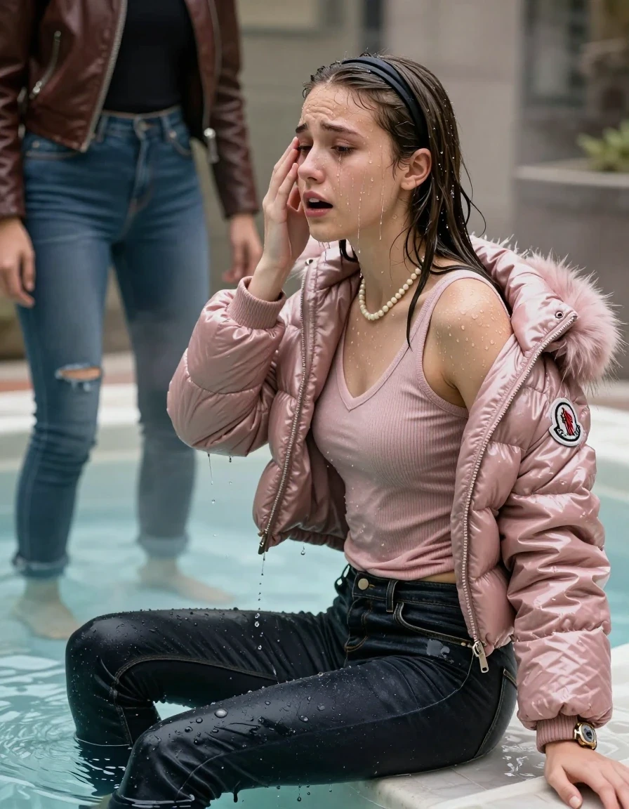 photo of young woman, in soaking wet, drenched clothes,
, Dark skinny jeans, Pink Moncler shiny puffer down jacket with fur, Open jacket, tight v-neck sweater, shoulderbag, pearl necklace, bracelet, wristwatch, Steaming indoor jacuzzi , 
enjoying, wet clothes stuck to body,
detailed textures of the wet clothes, wet face, wet plastered hair,
wet, drenched, professional, high-quality details, full body view.
sharp focus, ultra-high pixel detail, realistic, high-quality, full colors, incredibly detailed, 4k, 8k, 16k, hyper-realistic, RAW photo, masterpiece, ultra-detailed, professionally color graded, professional photograph, A realistic vertical fashion photograph taken from a backward, behind-the-back angle of a 15-year-old teenage girl sitting in a steaming indoor jacuzzi, facing away from the camera to show her back. She hold her hand on her face. She is tilting her head at camera, letting the water drench her hair so it is glued flat against her head and body. She has Sleek  straight long hair with hairband, completely saturated and dripping wet hair, with water cascading down her face and neck, crying and astonished expression. The lighting is bright and cinematic, highlighting the glistening water droplets on her skin and the saturated texture of her  casual clothes.  Open mouth, half closed eyes. 
A shocked friend beside her wearing a leatherjacket and skinny jeans watching her.
her clothing is soaking wet and clinging tightly to her skin, showing heavy wet folds, darkened fabric texture, and deep water-saturated Patches, her clothes are heavy from the water, water runs from her body and her clothes in streams. A lot of water also runs out of her clothes. Her clothes are darkened by the water. 
hyper-realistic wetness, high-contrast water sheen, sharp focus, 16k resolution, professional photography, realistic water physics., wet skin, wet clothes, damp fabric, wet skin, wet clothes, damp fabric, wet skin, wet clothes, damp fabric, wet skin, wet clothes, damp fabric, wet skin, wet clothes, damp fabric, wet skin, wet clothes, damp fabric, wet skin, wet clothes, damp fabric, wet skin, wet clothes, damp fabric, wet skin, wet clothes, damp fabric