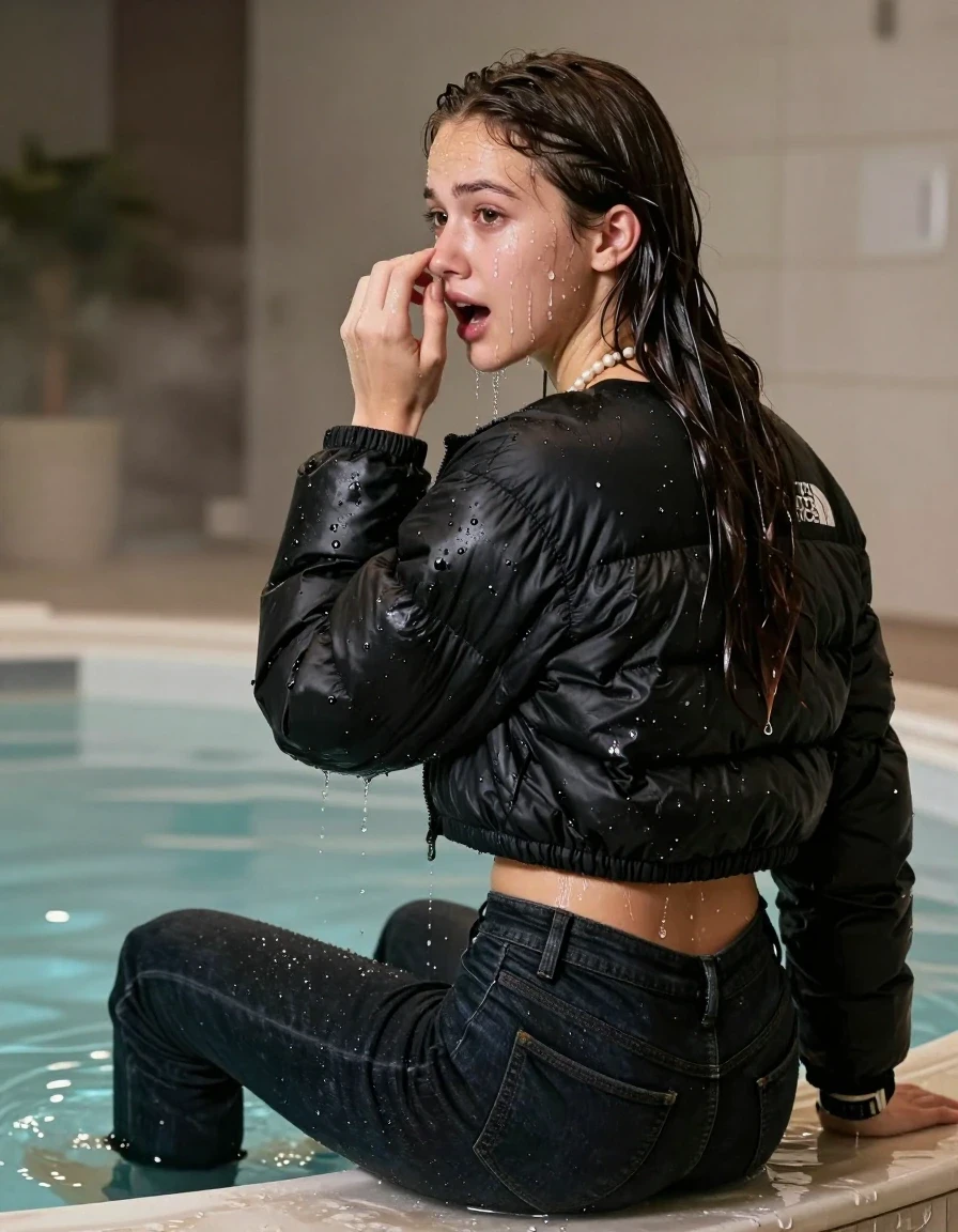 photo of young woman, in soaking wet, drenched clothes,
,  Dark levis skinny jeans, Black North face puffer down jacket, Open jacket, tight v-neck sweater belly free, shoulderbag, pearl necklace, bracelet, wristwatch, Steaming indoor jacuzzi , 
enjoying, wet clothes stuck to body,
detailed textures of the wet clothes, wet face, wet plastered hair,
wet, drenched, professional, high-quality details, full body view.
sharp focus, ultra-high pixel detail, realistic, high-quality, full colors, incredibly detailed, 4k, 8k, 16k, hyper-realistic, RAW photo, masterpiece, ultra-detailed, professionally color graded, professional photograph, A realistic vertical fashion photograph taken from a backward, behind-the-back angle of a 15-year-old teenage girl sitting in a steaming indoor jacuzzi, facing away from the camera to show her back. She holds her hand in front of her nose. She is tilting her head at camera, letting the water drench her hair so it is glued flat against her head and body. She has Sleek long straight hair, completely saturated and dripping wet hair, with water cascading down her face and neck, shocked crying and astonished expression. The lighting is bright and cinematic, highlighting the glistening water droplets on her skin and the saturated texture of her  casual clothes.  Open mouth. 
her clothing is soaking wet and clinging tightly to her skin, showing heavy wet folds, darkened fabric texture, and deep water-saturated Patches, her clothes are heavy from the water, water runs from her body and her clothes in streams. A lot of water also runs out of her clothes. Her clothes are darkened by the water. 
hyper-realistic wetness, high-contrast water sheen, sharp focus, 16k resolution, professional photography, realistic water physics., wet skin, wet clothes, damp fabric, wet skin, wet clothes, damp fabric, wet skin, wet clothes, damp fabric, wet skin, wet clothes, damp fabric, wet skin, wet clothes, damp fabric, wet skin, wet clothes, damp fabric, wet skin, wet clothes, damp fabric, wet skin, wet clothes, damp fabric, wet skin, wet clothes, damp fabric, wet skin, wet clothes, damp fabric, wet skin, wet clothes, damp fabric, wet skin, wet clothes, damp fabric