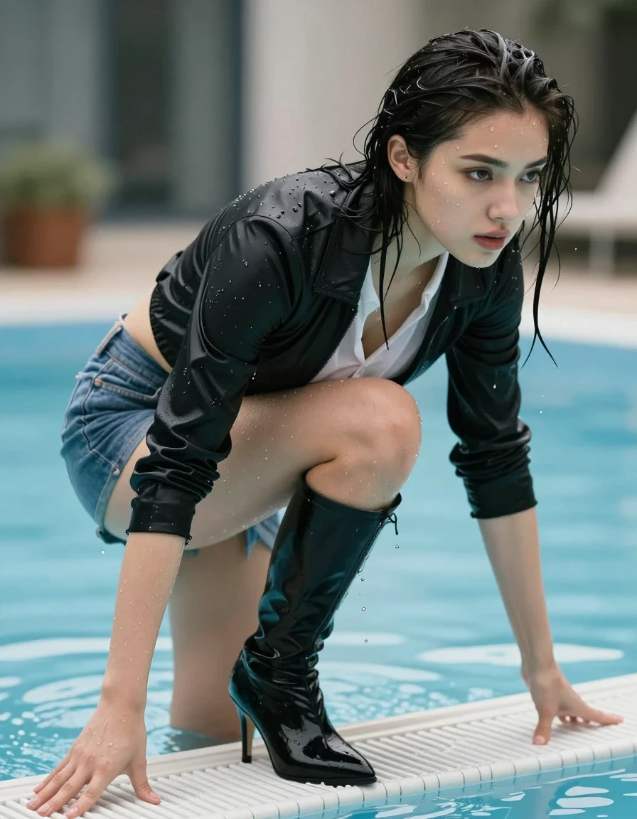 photo of young woman, in soaking wet, drenched clothes,
Black knee high stiletto boots , Jeans skirt, White blouse black short jacket , Pool, 
enjoying, wet clothes stuck to body,
detailed textures of the wet clothes, wet face, wet plastered hair,
wet, drenched, professional, high-quality details, full body view.
sharp focus, ultra-high pixel detail, realistic, high-quality, full colors, incredibly detailed, 4k, 8k, 16k, hyper-realistic, RAW photo, masterpiece, ultra-detailed, professionally color graded, professional photograph, Climbing out of the pool, wet skin, wet clothes, damp fabric