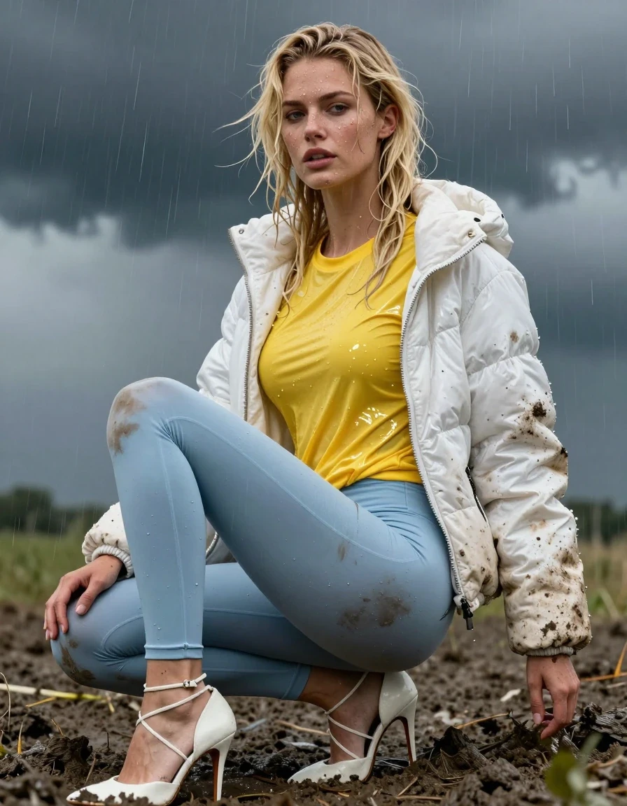 photo of young woman, in soaking wet, drenched clothes,
Strappy white stilettos, Dirty pale blue leggings , Very dirty white puffer jacket , shiny yellow t-shirt , Deep mud, 
enjoying, wet clothes stuck to body,
detailed textures of the wet clothes, wet face, wet plastered hair,
wet, drenched, professional, high-quality details, full body view.
sharp focus, ultra-high pixel detail, realistic, high-quality, full colors, incredibly detailed, 4k, 8k, 16k, hyper-realistic, RAW photo, masterpiece, ultra-detailed, professionally color graded, professional photograph, Blonde, in thunder storm, wet skin, wet clothes, damp fabric, wet skin, wet clothes, damp fabric