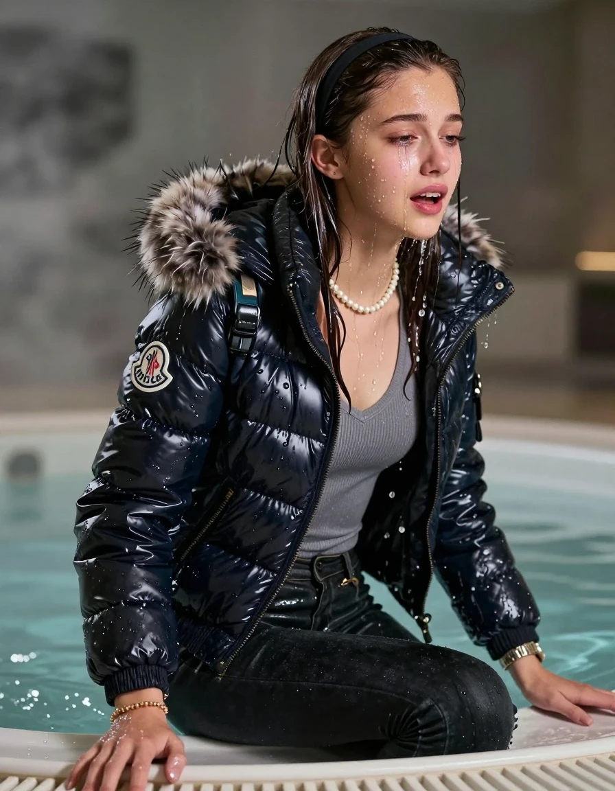 photo of young woman, in soaking wet, drenched clothes,
, Dark skinny jeans, Moncler shiny puffer down jacket with fur, Open jacket, tight v-neck sweater, shoulderbag, pearl necklace, bracelet, wristwatch, Steaming indoor jacuzzi , 
enjoying, wet clothes stuck to body,
detailed textures of the wet clothes, wet face, wet plastered hair,
wet, drenched, professional, high-quality details, full body view.
sharp focus, ultra-high pixel detail, realistic, high-quality, full colors, incredibly detailed, 4k, 8k, 16k, hyper-realistic, RAW photo, masterpiece, ultra-detailed, professionally color graded, professional photograph, A realistic vertical fashion photograph taken from a backward, behind-the-back angle of a 15-year-old teenage girl sitting in a steaming indoor jacuzzi, facing away from the camera to show her back. She is tilting her head at camera, letting the water drench her hair so it is glued flat against her head and body. She has Sleek  straight long hair with hairband, completely saturated and dripping wet hair, with water cascading down her face and neck, crying and astonished expression. The lighting is bright and cinematic, highlighting the glistening water droplets on her skin and the saturated texture of her  casual clothes.  Open mouth, half closed eyes. 
her clothing is soaking wet and clinging tightly to her skin, showing heavy wet folds, darkened fabric texture, and deep water-saturated Patches, her clothes are heavy from the water, water runs from her body and her clothes in streams. A lot of water also runs out of her clothes. Her clothes are darkened by the water. 
hyper-realistic wetness, high-contrast water sheen, sharp focus, 16k resolution, professional photography, realistic water physics., wet skin, wet clothes, damp fabric, wet skin, wet clothes, damp fabric, wet skin, wet clothes, damp fabric, wet skin, wet clothes, damp fabric, wet skin, wet clothes, damp fabric, wet skin, wet clothes, damp fabric, wet skin, wet clothes, damp fabric, wet skin, wet clothes, damp fabric, wet skin, wet clothes, damp fabric