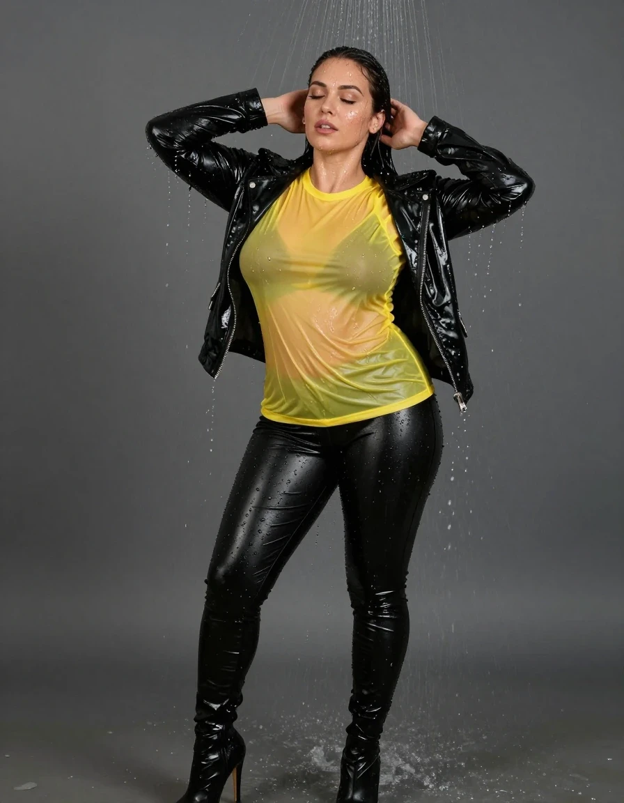 photo of young woman, in soaking wet, drenched clothes,
high heels black leather boot, leather leggings, yellow transparent t-shirt, wet shiny black pvc down jacket, standing in shower, 
enjoying, wet clothes stuck to body,
detailed textures of the wet clothes, wet face, wet plastered hair,
wet, drenched, professional, high-quality details, full body view.
sharp focus, ultra-high pixel detail, realistic, high-quality, full colors, incredibly detailed, 4k, 8k, 16k, hyper-realistic, RAW photo, masterpiece, ultra-detailed, professionally color graded, professional photograph, 40 years old big boobs latina girl, wet skin, wet clothes, damp fabric, wet skin, wet clothes, damp fabric, wet skin, wet clothes, damp fabric, wet skin, wet clothes, damp fabric