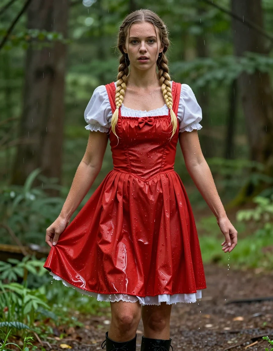 photo of young woman, in soaking wet, drenched clothes,
schwarze Schuhe,, Rotkäppchen Kleid mit Puffärmel, Tiefer grüner Wald, 
enjoying, wet clothes stuck to body,
detailed textures of the wet clothes, wet face, wet plastered hair,
wet, drenched, professional, high-quality details, full body view.
sharp focus, ultra-high pixel detail, realistic, high-quality, full colors, incredibly detailed, 4k, 8k, 16k, hyper-realistic, RAW photo, masterpiece, ultra-detailed, professionally color graded, professional photograph, Fotorealistische Ganzkörperaufnahme eines sehr jungen hübschen Mädchens in einem Rotkäppchen Kleid mit Puffärmel, sie steht im starken Regen ist völlig durchnässt, sie hat blonde lange Zöpfe., wet skin, wet clothes, damp fabric
