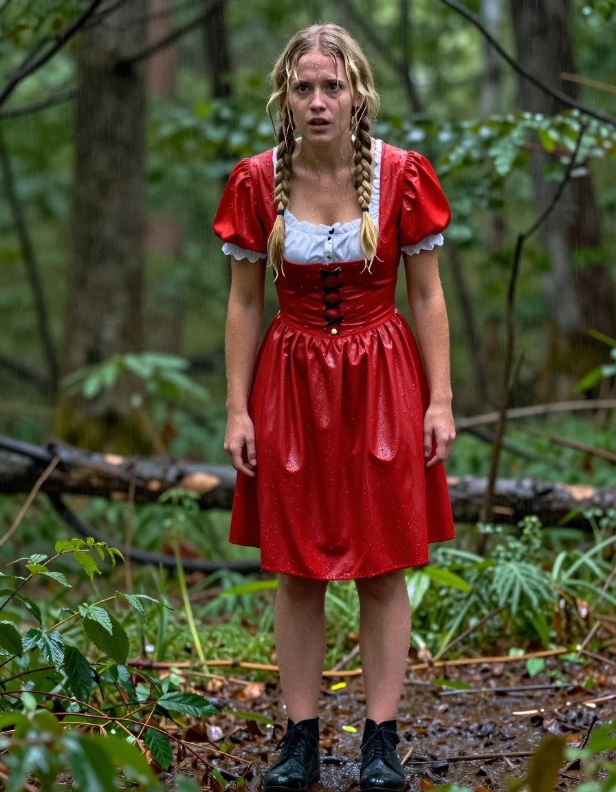 photo of young woman, in soaking wet, drenched clothes,
schwarze Schuhe,, Rotkäppchen Kleid mit Puffärmel, Tiefer grüner Wald, 
enjoying, wet clothes stuck to body,
detailed textures of the wet clothes, wet face, wet plastered hair,
wet, drenched, professional, high-quality details, full body view.
sharp focus, ultra-high pixel detail, realistic, high-quality, full colors, incredibly detailed, 4k, 8k, 16k, hyper-realistic, RAW photo, masterpiece, ultra-detailed, professionally color graded, professional photograph, Fotorealistische Ganzkörperaufnahme eines sehr jungen hübschen Mädchens in einem Rotkäppchen Kleid mit Puffärmel, sie steht im starken Regen ist völlig durchnässt, sie hat blonde lange Zöpfe, sie macht ein ängstliches Gesicht., wet skin, wet clothes, damp fabric