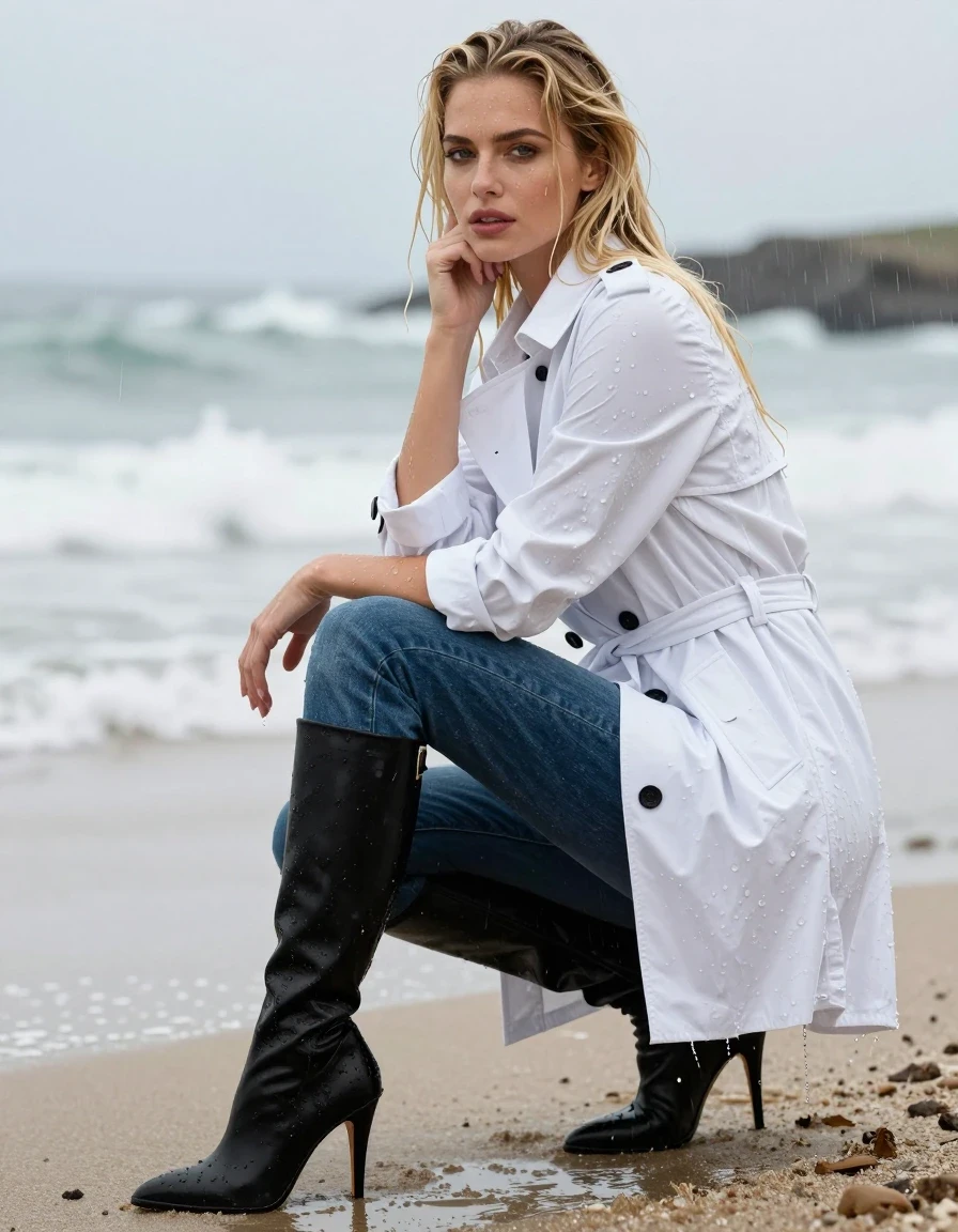 photo of young woman, in soaking wet, drenched clothes,
Black knee high stiletto boots , Denim jeans , White blouse trench coat , Beach, 
enjoying, wet clothes stuck to body,
detailed textures of the wet clothes, wet face, wet plastered hair,
wet, drenched, professional, high-quality details, full body view.
sharp focus, ultra-high pixel detail, realistic, high-quality, full colors, incredibly detailed, 4k, 8k, 16k, hyper-realistic, RAW photo, masterpiece, ultra-detailed, professionally color graded, professional photograph, Blonde hair falling in water looking at me sexy look it’s raining, wet skin, wet clothes, damp fabric