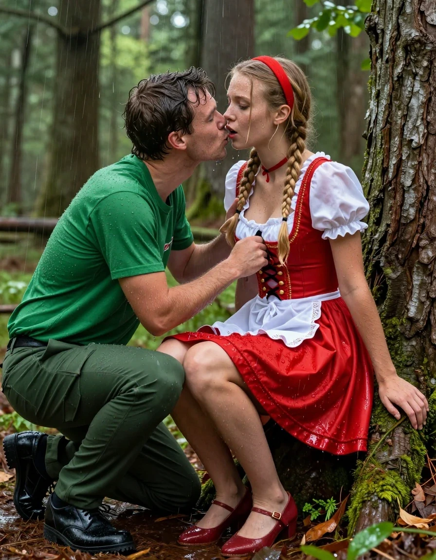 photo of young woman, in soaking wet, drenched clothes,
schwarze Schuhe,, Rotkäppchen Kleid mit Puffärmel, Tiefer grüner Wald, 
enjoying, wet clothes stuck to body,
detailed textures of the wet clothes, wet face, wet plastered hair,
wet, drenched, professional, high-quality details, full body view.
sharp focus, ultra-high pixel detail, realistic, high-quality, full colors, incredibly detailed, 4k, 8k, 16k, hyper-realistic, RAW photo, masterpiece, ultra-detailed, professionally color graded, professional photograph, Fotorealistische Ganzkörperaufnahme eines sehr jungen hübschen Mädchens in einem Rotkäppchen Kleid mit Puffärmel, unter ihrem Kleid trägt sie einen Unterrock aus weißer Seide, sie ist sehr klein und zierlich, sie trägt eine rote Halskette, sie sitzt an einem Baum gelehnt im starken Regen und ist völlig durchnässt, sie hat blonde lange Zöpfe bis zur Hüfte, sie hatte mittelgroße flache Brüste, im Haar trägt sie ein rotes Haarband, ihr Mund ist dezent rot geschminkt, vor ihr kniet ein junger Mann in Försterkleidung mit einer grünen Hose und grünem T-Shirt, sie lächelt ihn erregt und einladend an, er legt eine Hand auf ihren ihren Rock, er küsst sie auf ihre geöffneten Mund und schiebt eine Hand unter ihren Rock, sie hat einen sinnlichen Gesichtsausdruck., wet skin, wet clothes, damp fabric