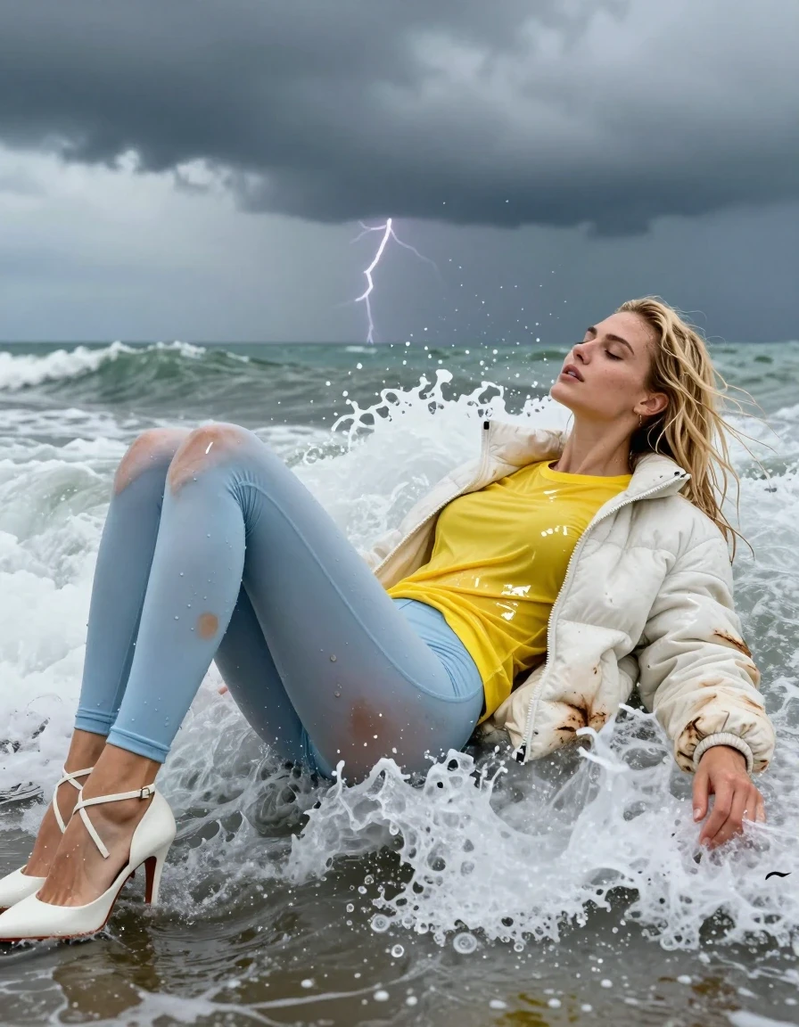 photo of young woman, in soaking wet, drenched clothes,
Strappy white stilettos, Dirty pale blue leggings , Very dirty white puffer jacket , shiny yellow t-shirt , Lying back in surf, 
enjoying, wet clothes stuck to body,
detailed textures of the wet clothes, wet face, wet plastered hair,
wet, drenched, professional, high-quality details, full body view.
sharp focus, ultra-high pixel detail, realistic, high-quality, full colors, incredibly detailed, 4k, 8k, 16k, hyper-realistic, RAW photo, masterpiece, ultra-detailed, professionally color graded, professional photograph, Blonde, in thunder storm, wet skin, wet clothes, damp fabric