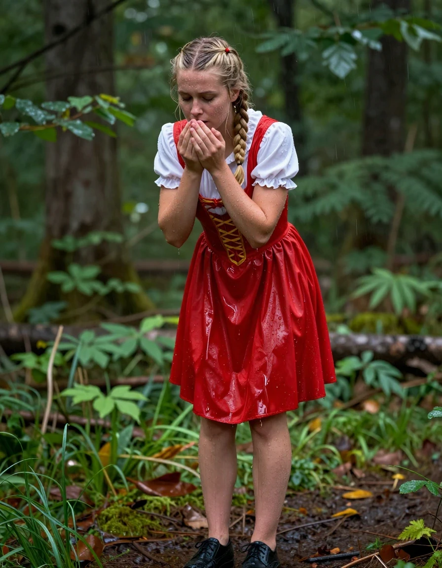 photo of young woman, in soaking wet, drenched clothes,
schwarze Schuhe,, Rotkäppchen Kleid mit Puffärmel, Tiefer grüner Wald, 
enjoying, wet clothes stuck to body,
detailed textures of the wet clothes, wet face, wet plastered hair,
wet, drenched, professional, high-quality details, full body view.
sharp focus, ultra-high pixel detail, realistic, high-quality, full colors, incredibly detailed, 4k, 8k, 16k, hyper-realistic, RAW photo, masterpiece, ultra-detailed, professionally color graded, professional photograph, Fotorealistische Ganzkörperaufnahme eines sehr jungen hübschen Mädchens in einem Rotkäppchen Kleid mit Puffärmel, sie steht im starken Regen ist völlig durchnässt, sie hat blonde lange Zöpfe bis zur Hüfte, sie macht ein ängstliches Gesicht., wet skin, wet clothes, damp fabric