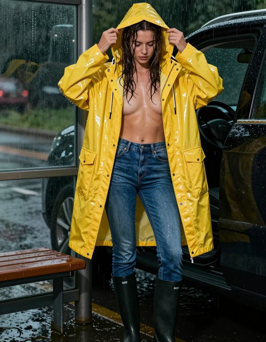 A photorealistic cinematic wide-angle shot of a young adult European woman stepping out of a car into heavy rain at night, illuminated by the harsh light of a glass bus stop bench. She is wearing an oversized vibrant yellow hooded rain slicker with heavy water droplets and glistening high-gloss surface reflections, the fabric clinging to her skin. Underneath, she wears slim-fit dark denim jeans; specifically soaking-wet blue denim jeans, water-saturated heavyweight denim, blue changed to deep navy and indigo, substantially darker unevenly soaked patches, absorbed water, heavy wet folds, visible weave and stitching, and strong glossy specular reflections on the raised weave, seams, and creases. She is wearing black rubber knee-high rain boots. She is captured in the act of adjusting her hood with her hands, her hair wet and clinging to her face. The scene features high-contrast lighting, sharp focus on fabric textures, and realistic water sheen on all surfaces, captured with a harsh camera flash effect. Everything is rendered in 8k resolution with perfect anatomy and clean, sharp details.