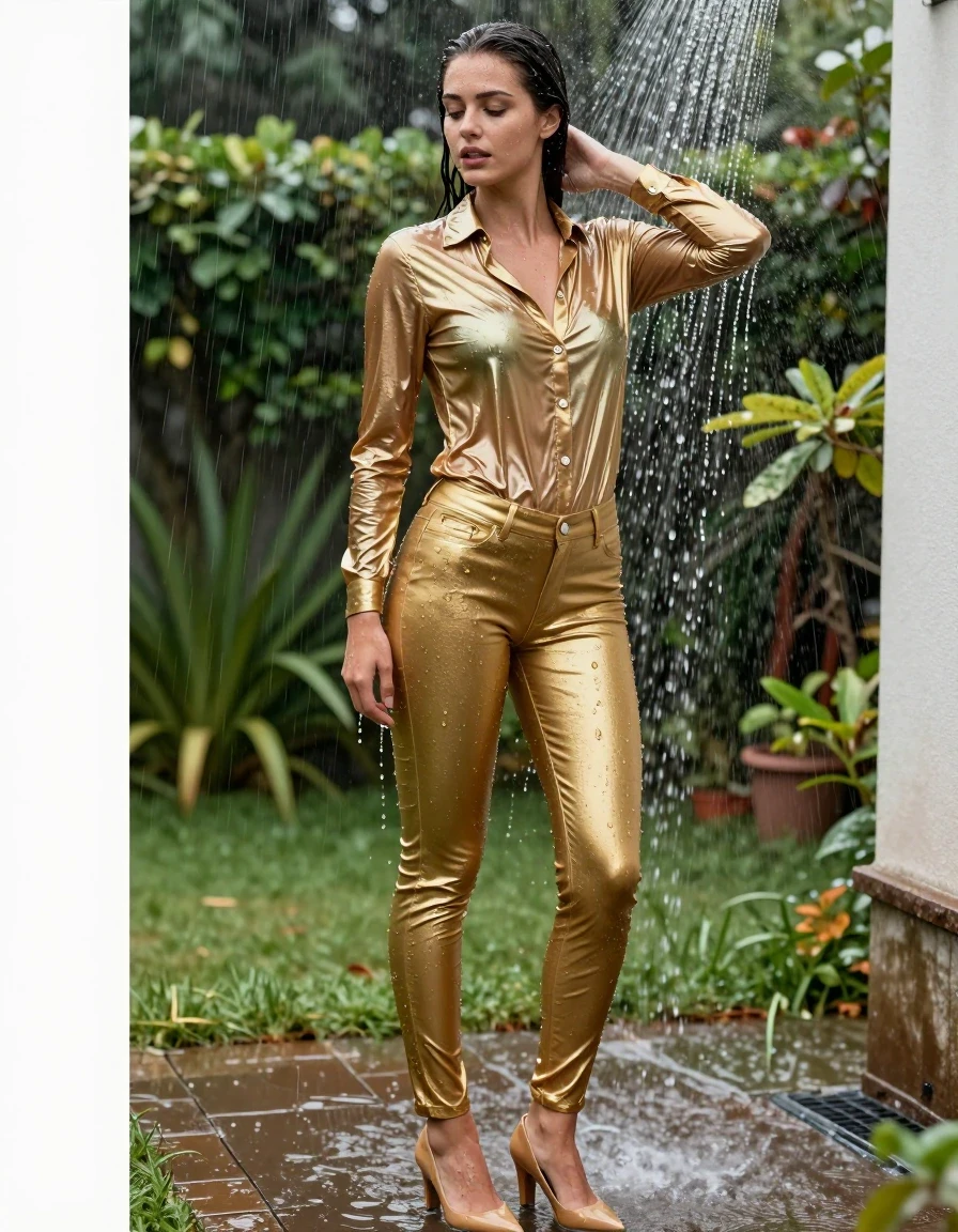 photo of young woman, in soaking wet, drenched clothes,
pumps, shiny golden jeans, shiny, shiny golden blouse, garden, shower, rain, 
enjoying, wet clothes stuck to body,
detailed textures of the wet clothes, wet face, wet plastered hair,
wet, drenched, professional, high-quality details, full body view.
sharp focus, ultra-high pixel detail, realistic, high-quality, full colors, incredibly detailed, 4k, 8k, 16k, hyper-realistic, RAW photo, masterpiece, ultra-detailed, professionally color graded, professional photograph, collar, long sleeves, buttoned, wet hair, long hair, drenched, dripping wet, submerged, full body, see-through, standing, side view, wet skin, wet clothes, damp fabric