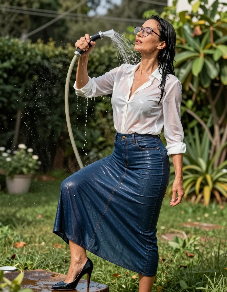 photo of young woman, in soaking wet, drenched clothes,
high-heeled shoes, shiny denim dark blue maxi skirt, shiny white satin silk shirt, pouring water with the hose in sunny garden, enjoying wet clothes stuck body, enjoying, wet clothes stuck to body, 
enjoying, wet clothes stuck to body,
detailed textures of the wet clothes, wet face, wet plastered hair,
wet, drenched, professional, high-quality details, full body view.
sharp focus, ultra-high pixel detail, realistic, high-quality, full colors, incredibly detailed, 4k, 8k, 16k, hyper-realistic, RAW photo, masterpiece, ultra-detailed, professionally color graded, professional photograph, europen brunette skinny woman 50 years old, long dark black hair, office glasses, very big and thick lips, complete body, wet skin, wet clothes, damp fabric, wet skin, wet clothes, damp fabric, wet skin, wet clothes, damp fabric, wet skin, wet clothes, damp fabric, wet skin, wet clothes, damp fabric, wet skin, wet clothes, damp fabric, wet skin, wet clothes, damp fabric