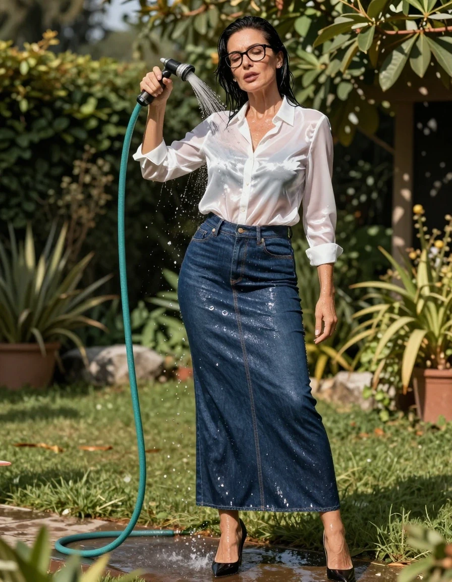 photo of young woman, in soaking wet, drenched clothes,
high-heeled shoes, shiny denim dark blue maxi skirt, shiny white satin silk shirt, pouring water with the hose in sunny garden, enjoying wet clothes stuck body, enjoying, wet clothes stuck to body, 
enjoying, wet clothes stuck to body,
detailed textures of the wet clothes, wet face, wet plastered hair,
wet, drenched, professional, high-quality details, full body view.
sharp focus, ultra-high pixel detail, realistic, high-quality, full colors, incredibly detailed, 4k, 8k, 16k, hyper-realistic, RAW photo, masterpiece, ultra-detailed, professionally color graded, professional photograph, europen brunette skinny woman 50 years old, long dark black hair, office glasses, very big and thick lips, complete body, wet skin, wet clothes, damp fabric, wet skin, wet clothes, damp fabric, wet skin, wet clothes, damp fabric, wet skin, wet clothes, damp fabric, wet skin, wet clothes, damp fabric, wet skin, wet clothes, damp fabric, wet skin, wet clothes, damp fabric