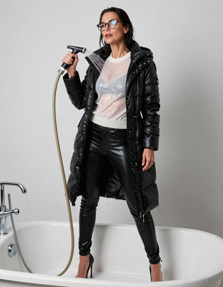 photo of young woman, in soaking wet, drenched clothes,
high-heeled shoes, long shiny black jeans, shiny white sweater, maxi blackdown jacket, pouring water with the hose standing in bathtub, enjoying wet clothes stuck body, enjoying, wet clothes stuck to body, 
enjoying, wet clothes stuck to body,
detailed textures of the wet clothes, wet face, wet plastered hair,
wet, drenched, professional, high-quality details, full body view.
sharp focus, ultra-high pixel detail, realistic, high-quality, full colors, incredibly detailed, 4k, 8k, 16k, hyper-realistic, RAW photo, masterpiece, ultra-detailed, professionally color graded, professional photograph, europen brunette skinny woman 50 years old, long dark black hair, office glasses, very big and thick lips, complete body, wet skin, wet clothes, damp fabric, wet skin, wet clothes, damp fabric, wet skin, wet clothes, damp fabric, wet skin, wet clothes, damp fabric, wet skin, wet clothes, damp fabric, wet skin, wet clothes, damp fabric, wet skin, wet clothes, damp fabric