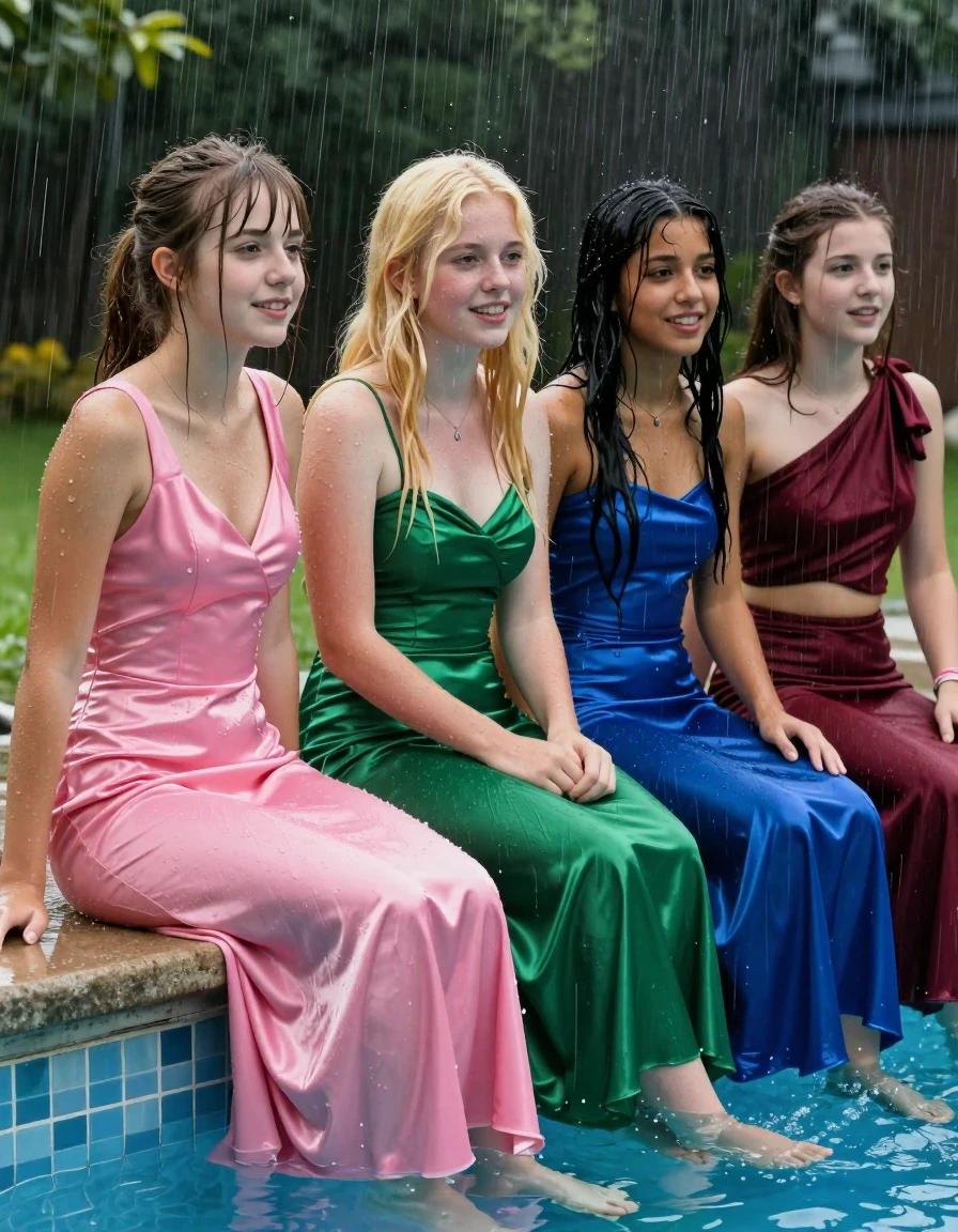 photo of young woman, in soaking wet, drenched clothes,
, , prom satin dress, girls sitting on the edge of a pool in the pouring rain, 
enjoying, wet clothes stuck to body,
detailed textures of the wet clothes, wet face, wet plastered hair,
wet, drenched, professional, high-quality details, full body view.
sharp focus, ultra-high pixel detail, realistic, high-quality, full colors, incredibly detailed, 4k, 8k, 16k, hyper-realistic, RAW photo, masterpiece, ultra-detailed, professionally color graded, professional photograph, college girls both having fun together. All a similar age, a small nineteen year old girl, with a flat and slim body, skinny body, flat and skinny chest, a She has a wide square young face but a small very skinny waist and skinny legs, a very small chest and very small breasts, she is a pale brunette with ponytail and bangs. She has a small body, She is full of youthful energy. wearing a bright pink formal satin cocktail dress with a closed neckline, a flat top and a loose base, Her friend has blonde hair and large size DD breasts,a wide square face, she is wearing a green satin strapless prom dress. The third girl is 19, with a tan complexion and dark black hair, she is wearing a blue satin gown, The 4th girl is brunette with a small body and thin legs, she is wearing a maroon red one shoulder aesymmetrical top  that cuts off at the midriff and a maroon skirt. all of them except the blonde girl have very small breasts. wet skin, wet clothes, damp fabric,, wet skin, wet clothes, damp fabric, wet skin, wet clothes, damp fabric, wet skin, wet clothes, damp fabric, wet skin, wet clothes, damp fabric, wet skin, wet clothes, damp fabric, wet skin, wet clothes, damp fabric, wet skin, wet clothes, damp fabric