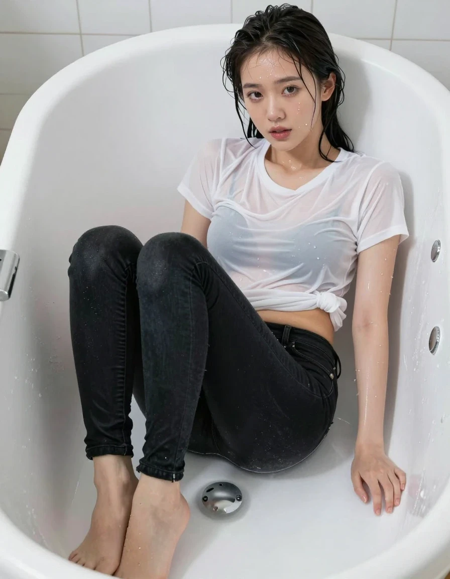photo of young woman, in soaking wet, drenched clothes,
barefeet, black skinny jeans, white crop top, bathtub, 
enjoying, wet clothes stuck to body,
detailed textures of the wet clothes, wet face, wet plastered hair,
wet, drenched, professional, high-quality details, full body view.
sharp focus, ultra-high pixel detail, realistic, high-quality, full colors, incredibly detailed, 4k, 8k, 16k, hyper-realistic, RAW photo, masterpiece, ultra-detailed, professionally color graded, professional photograph, young beautiful asian woman, wet skin, wet clothes, damp fabric