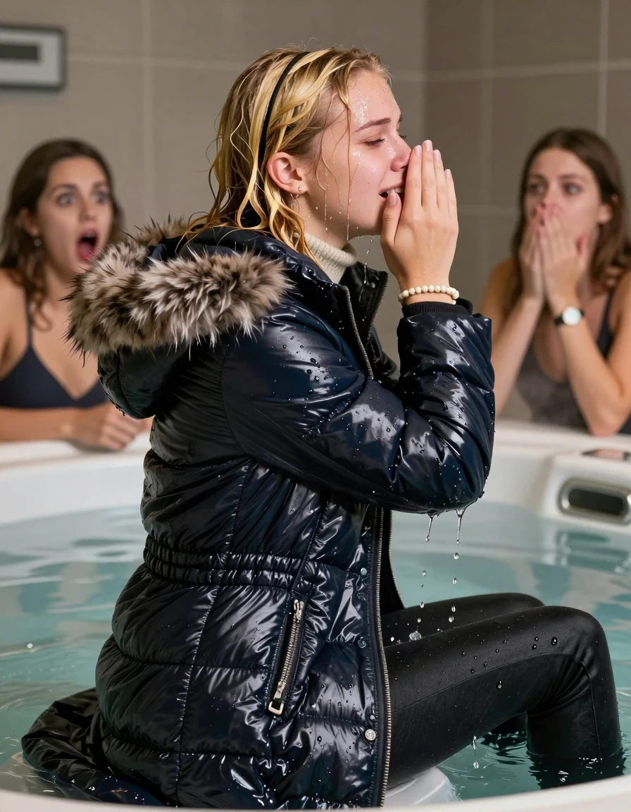 photo of young woman, in soaking wet, drenched clothes,
, Dark skinny jeans, Long moncler shiny puffer down coat with fur, Open jacket, tight knit turtleneck sweater, shoulderbag, pearl necklace, bracelet, wristwatch, Steaming indoor jacuzzi , 
enjoying, wet clothes stuck to body,
detailed textures of the wet clothes, wet face, wet plastered hair,
wet, drenched, professional, high-quality details, full body view.
sharp focus, ultra-high pixel detail, realistic, high-quality, full colors, incredibly detailed, 4k, 8k, 16k, hyper-realistic, RAW photo, masterpiece, ultra-detailed, professionally color graded, professional photograph, A realistic vertical fashion photograph taken from a backward, behind-the-back angle of a 15-year-old teenage girl sitting in a steaming indoor jacuzzi, facing away from the camera to show her back. She cover her nose and mouth with her hand. She is tilting her head up, letting the water drench her hair so it is glued flat against her head and body. She has blonde Sleek  straight long hair with hairband, completely saturated and dripping wet hair, with water cascading down her face and neck, crying and astonished expression. The lighting is bright and cinematic, highlighting the glistening water droplets on her skin and the saturated texture of her  casual clothes.  Open mouth, half closed eyes. 
Two female friends of her in the background looking shocked at her.
her clothing is soaking wet and clinging tightly to her skin, showing heavy wet folds, darkened fabric texture, and deep water-saturated Patches, her clothes are heavy from the water, water runs from her body and her clothes in streams. A lot of water also runs out of her clothes. Her clothes are darkened by the water. 
hyper-realistic wetness, high-contrast water sheen, sharp focus, 16k resolution, professional photography, realistic water physics., wet skin, wet clothes, damp fabric, wet skin, wet clothes, damp fabric, wet skin, wet clothes, damp fabric, wet skin, wet clothes, damp fabric, wet skin, wet clothes, damp fabric, wet skin, wet clothes, damp fabric, wet skin, wet clothes, damp fabric, wet skin, wet clothes, damp fabric, wet skin, wet clothes, damp fabric