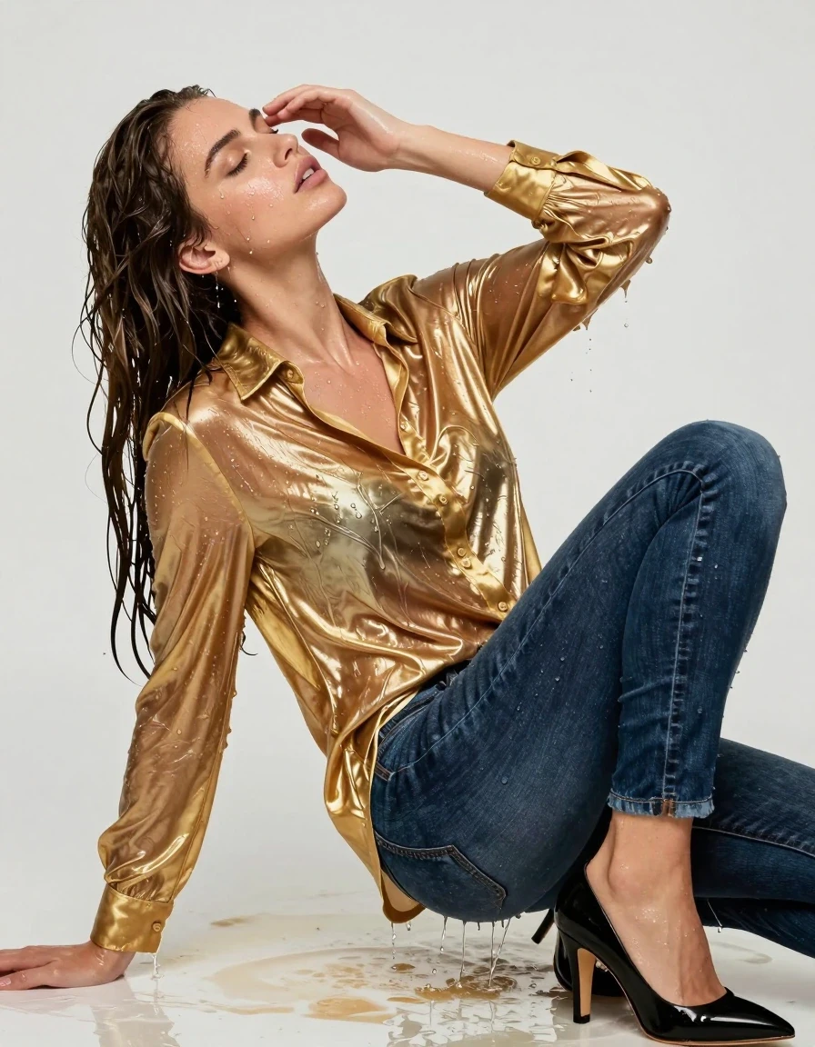 photo of young woman, in soaking wet, drenched clothes,
pumps, dark blue jeans, shiny, shiny golden blouse, shower, 
enjoying, wet clothes stuck to body,
detailed textures of the wet clothes, wet face, wet plastered hair,
wet, drenched, professional, high-quality details, full body view.
sharp focus, ultra-high pixel detail, realistic, high-quality, full colors, incredibly detailed, 4k, 8k, 16k, hyper-realistic, RAW photo, masterpiece, ultra-detailed, professionally color graded, professional photograph, collar, long sleeves, buttoned, wet hair, long hair, drenched, dripping wet, submerged, full body, see-through, lying, side view, wet skin, wet clothes, damp fabric