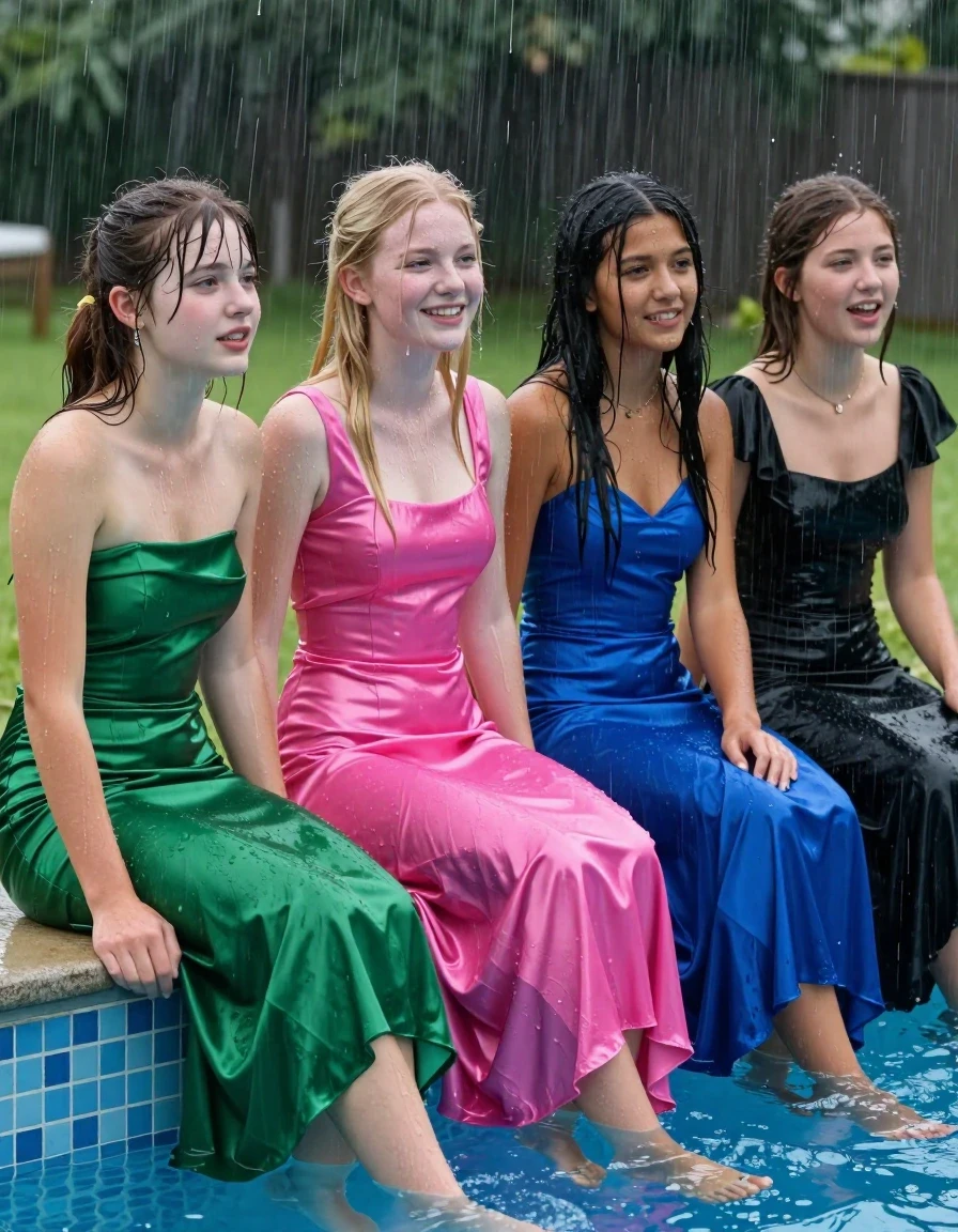 photo of young woman, in soaking wet, drenched clothes,
, , prom satin dress, girls sitting on the edge of a pool in the pouring rain, 
enjoying, wet clothes stuck to body,
detailed textures of the wet clothes, wet face, wet plastered hair,
wet, drenched, professional, high-quality details, full body view.
sharp focus, ultra-high pixel detail, realistic, high-quality, full colors, incredibly detailed, 4k, 8k, 16k, hyper-realistic, RAW photo, masterpiece, ultra-detailed, professionally color graded, professional photograph, Small young college girls both having fun together. All a similar age, a small nineteen year old girl, with a flat and slim body, skinny body, flat and skinny chest, a She has a wide square young face but a small very skinny waist and skinny legs, a very small chest and very small breasts, she is a pale brunette with ponytail and bangs. She has a small body, She is full of youthful energy. wearing a bright pink formal satin cocktail dress with a closed neckline, a flat top and a loose base, Her friend has blonde hair and large size DD breasts,a wide square face, she is wearing a green satin strapless prom dress. The third girl is 19, with a tan complexion and dark black hair, she is wearing a blue satin gown, The 4th girl is brunette with a small body and thin legs, she is wearing a black cocktail dress with short sleeve, all of them except the blonde girl have very small breasts. wet skin, wet clothes, damp fabric,, wet skin, wet clothes, damp fabric, wet skin, wet clothes, damp fabric, wet skin, wet clothes, damp fabric, wet skin, wet clothes, damp fabric, wet skin, wet clothes, damp fabric, wet skin, wet clothes, damp fabric, wet skin, wet clothes, damp fabric