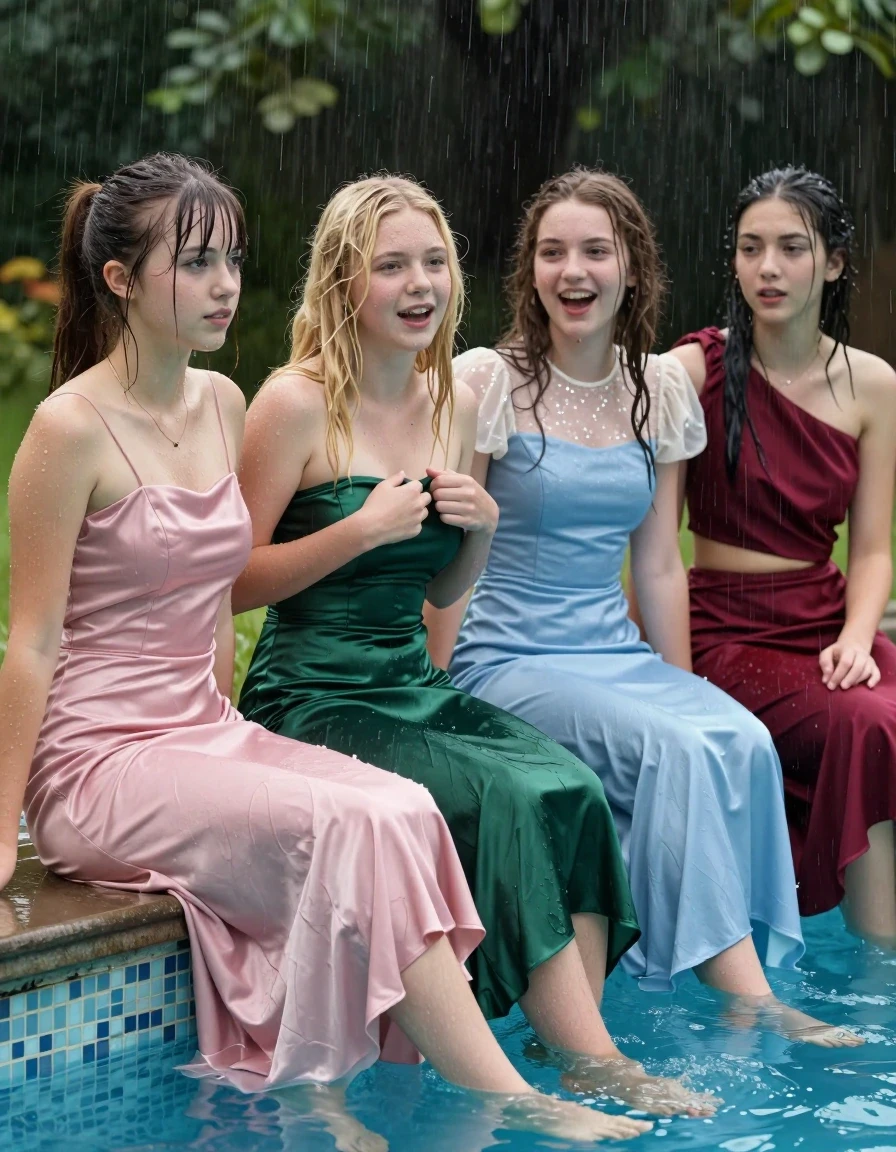 photo of young woman, in soaking wet, drenched clothes,
, , prom satin dress, girls sitting on the edge of a pool in the pouring rain, 
enjoying, wet clothes stuck to body,
detailed textures of the wet clothes, wet face, wet plastered hair,
wet, drenched, professional, high-quality details, full body view.
sharp focus, ultra-high pixel detail, realistic, high-quality, full colors, incredibly detailed, 4k, 8k, 16k, hyper-realistic, RAW photo, masterpiece, ultra-detailed, professionally color graded, professional photograph, 4 college girls both having fun together. All a similar age, a nineteen year old girl, with a flat and slim body, skinny body, flat and skinny chest, a She has a wide square young face but a small very skinny waist and skinny legs, a very small chest and very small breasts, she is a pale brunette with ponytail and bangs. She has a small body, She is full of youthful energy. wearing a pale pink formal satin dress, Her friend has blonde hair and large size DD breasts,a wide square face, she is wearing a strapless green satin flat strapless prom dress, she struggles to keep the top up. The third girl is 19, with brunette hair, she is wearing a short pale blue satin gown with a highish neckline and a sparkly sheer short sleeve cream undershirt. The 4th girl is brunette with a small body and thin legs, she is wearing a maroon red one shoulder aesymmetrical top  that cuts off at the midriff and a maroon skirt. all of them except the blonde girl have very small breasts. wet skin, wet clothes, damp fabric,, wet skin, wet clothes, damp fabric, wet skin, wet clothes, damp fabric, wet skin, wet clothes, damp fabric, wet skin, wet clothes, damp fabric, wet skin, wet clothes, damp fabric, wet skin, wet clothes, damp fabric, wet skin, wet clothes, damp fabric, wet skin, wet clothes, damp fabric