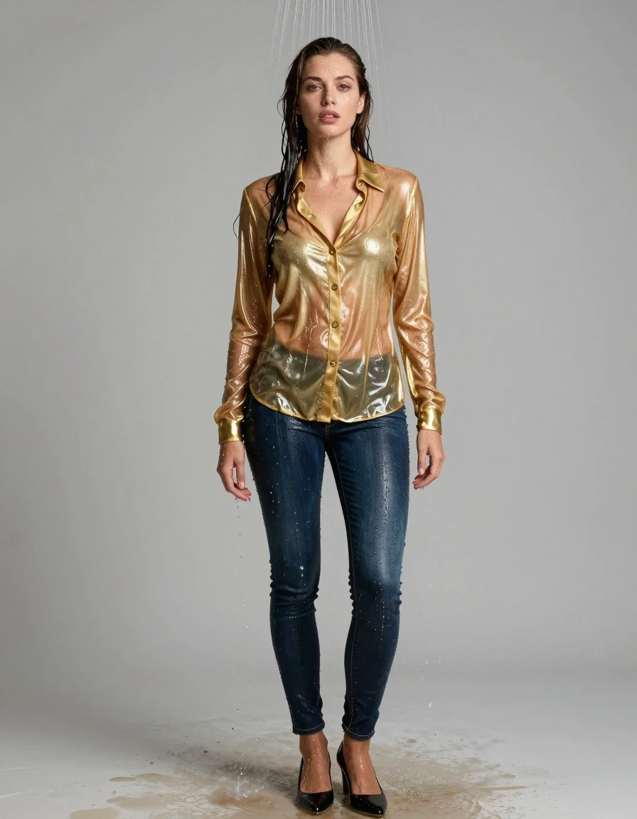 photo of young woman, in soaking wet, drenched clothes,
pumps, dark blue jeans, shiny golden blouse, shower, 
enjoying, wet clothes stuck to body,
detailed textures of the wet clothes, wet face, wet plastered hair,
wet, drenched, professional, high-quality details, full body view.
sharp focus, ultra-high pixel detail, realistic, high-quality, full colors, incredibly detailed, 4k, 8k, 16k, hyper-realistic, RAW photo, masterpiece, ultra-detailed, professionally color graded, professional photograph, collar, long sleeves, buttoned, wet hair, long hair, drenched, dripping wet, submerged, full body, see-through, standing, wet skin, wet clothes, damp fabric