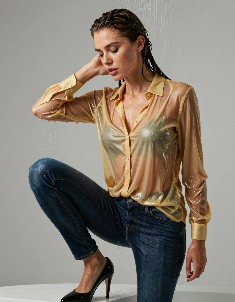 photo of young woman, in soaking wet, drenched clothes,
pumps, dark blue jeans, shiny golden blouse, shower, 
enjoying, wet clothes stuck to body,
detailed textures of the wet clothes, wet face, wet plastered hair,
wet, drenched, professional, high-quality details, full body view.
sharp focus, ultra-high pixel detail, realistic, high-quality, full colors, incredibly detailed, 4k, 8k, 16k, hyper-realistic, RAW photo, masterpiece, ultra-detailed, professionally color graded, professional photograph, collar, long sleeves, buttoned, wet hair, long hair, drenched, dripping wet, submerged, full body, see-through, standing, side view, wet skin, wet clothes, damp fabric