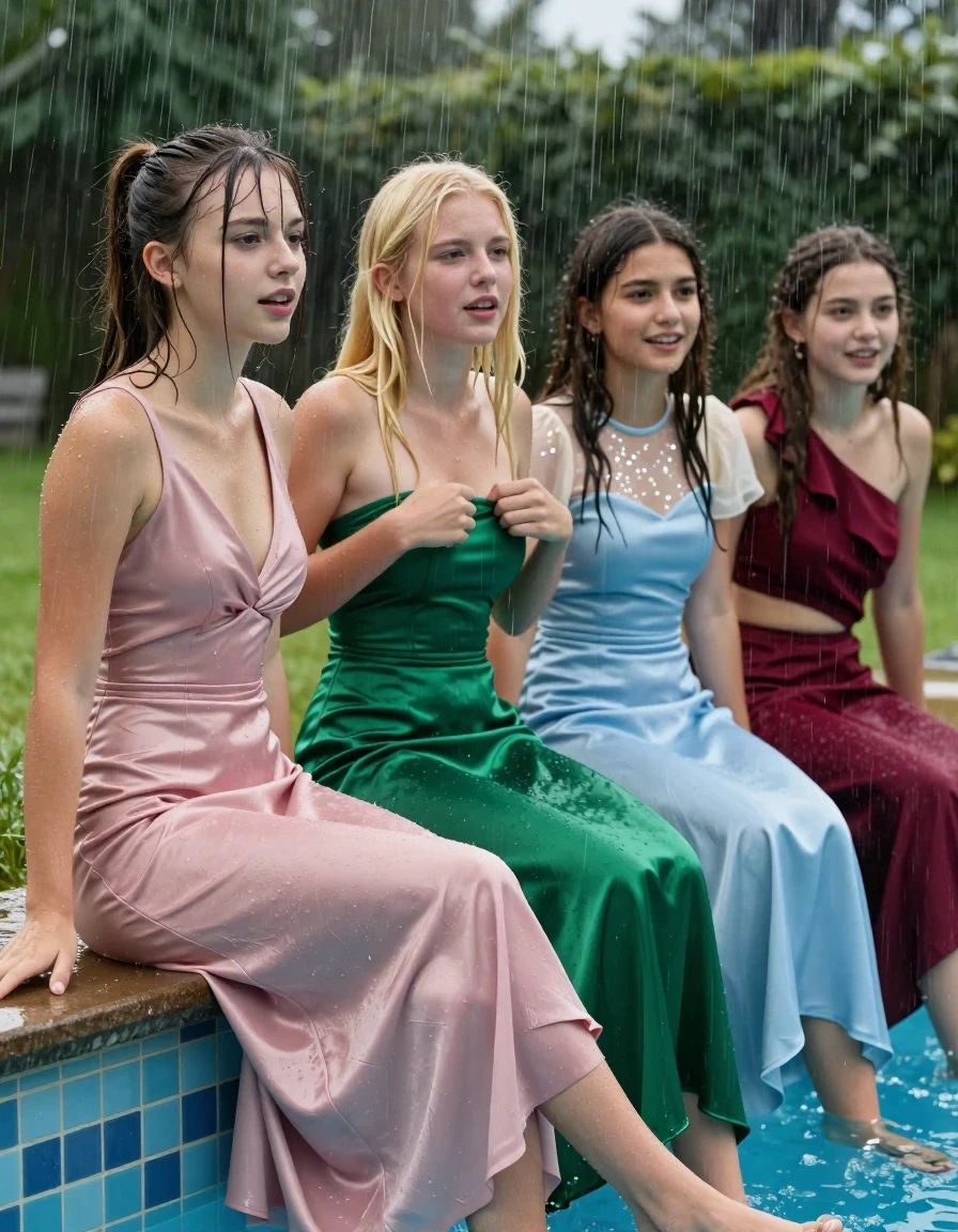 photo of young woman, in soaking wet, drenched clothes,
, , prom satin dress, girls sitting on the edge of a pool in the pouring rain, 
enjoying, wet clothes stuck to body,
detailed textures of the wet clothes, wet face, wet plastered hair,
wet, drenched, professional, high-quality details, full body view.
sharp focus, ultra-high pixel detail, realistic, high-quality, full colors, incredibly detailed, 4k, 8k, 16k, hyper-realistic, RAW photo, masterpiece, ultra-detailed, professionally color graded, professional photograph, 4 college girls both having fun together. All a similar age, a nineteen year old girl, with a flat and slim body, skinny body, flat and skinny chest, a She has a wide square young face but a small very skinny waist and skinny legs, a very small chest and very small breasts, she is a pale brunette with ponytail and bangs. She has a small body, She is full of youthful energy. wearing a pale pink formal satin dress with a very low v-neck. Her friend has blonde hair and large size DD breasts,a wide square face, she is wearing a strapless green satin flat strapless prom dress, she struggles to keep the top up. The third girl is 19, with brunette hair, she is wearing a short pale blue satin gown with a highish neckline and a sparkly sheer short sleeve cream undershirt. The 4th girl is brunette with a small body and thin legs, she is wearing a maroon red one shoulder aesymmetrical top  that cuts off at the midriff and a maroon skirt. all of them except the blonde girl have very small breasts. wet skin, wet clothes, damp fabric,, wet skin, wet clothes, damp fabric, wet skin, wet clothes, damp fabric, wet skin, wet clothes, damp fabric, wet skin, wet clothes, damp fabric, wet skin, wet clothes, damp fabric, wet skin, wet clothes, damp fabric, wet skin, wet clothes, damp fabric, wet skin, wet clothes, damp fabric