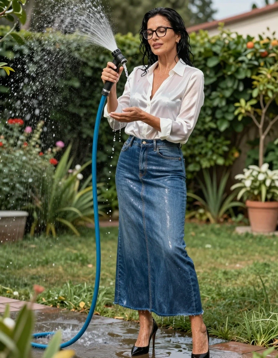 photo of young woman, in soaking wet, drenched clothes,
high-heeled shoes, shiny denim blue maxi skirt, shiny white satin silk shirt, pouring water with the hose in sunny garden, enjoying wet clothes stuck body, enjoying, wet clothes stuck to body, 
enjoying, wet clothes stuck to body,
detailed textures of the wet clothes, wet face, wet plastered hair,
wet, drenched, professional, high-quality details, full body view.
sharp focus, ultra-high pixel detail, realistic, high-quality, full colors, incredibly detailed, 4k, 8k, 16k, hyper-realistic, RAW photo, masterpiece, ultra-detailed, professionally color graded, professional photograph, europen brunette skinny woman 50 years old, long dark black hair, office glasses, very big and thick lips, complete body, wet skin, wet clothes, damp fabric, wet skin, wet clothes, damp fabric, wet skin, wet clothes, damp fabric, wet skin, wet clothes, damp fabric, wet skin, wet clothes, damp fabric, wet skin, wet clothes, damp fabric, wet skin, wet clothes, damp fabric