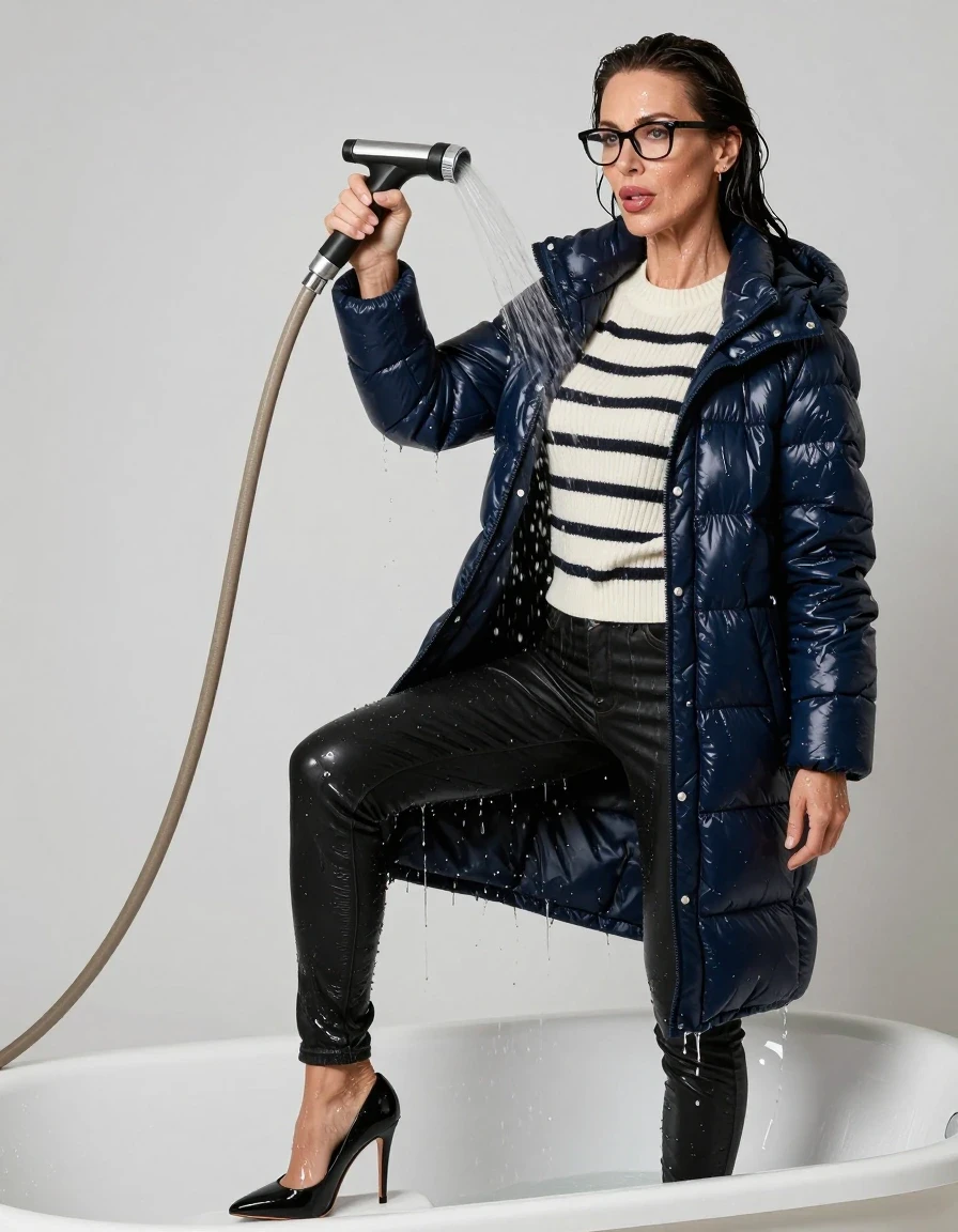 photo of young woman, in soaking wet, drenched clothes,
high-heeled shoes, long shiny black jeans, shiny white & black striped sweater, maxi dark blue down jacket, pouring water with the hose standing in bathtub, enjoying wet clothes stuck body, enjoying, wet clothes stuck to body, 
enjoying, wet clothes stuck to body,
detailed textures of the wet clothes, wet face, wet plastered hair,
wet, drenched, professional, high-quality details, full body view.
sharp focus, ultra-high pixel detail, realistic, high-quality, full colors, incredibly detailed, 4k, 8k, 16k, hyper-realistic, RAW photo, masterpiece, ultra-detailed, professionally color graded, professional photograph, europen brunette skinny woman 50 years old, long dark black hair, office glasses, very big and thick lips, complete body, wet skin, wet clothes, damp fabric, wet skin, wet clothes, damp fabric, wet skin, wet clothes, damp fabric, wet skin, wet clothes, damp fabric, wet skin, wet clothes, damp fabric, wet skin, wet clothes, damp fabric, wet skin, wet clothes, damp fabric