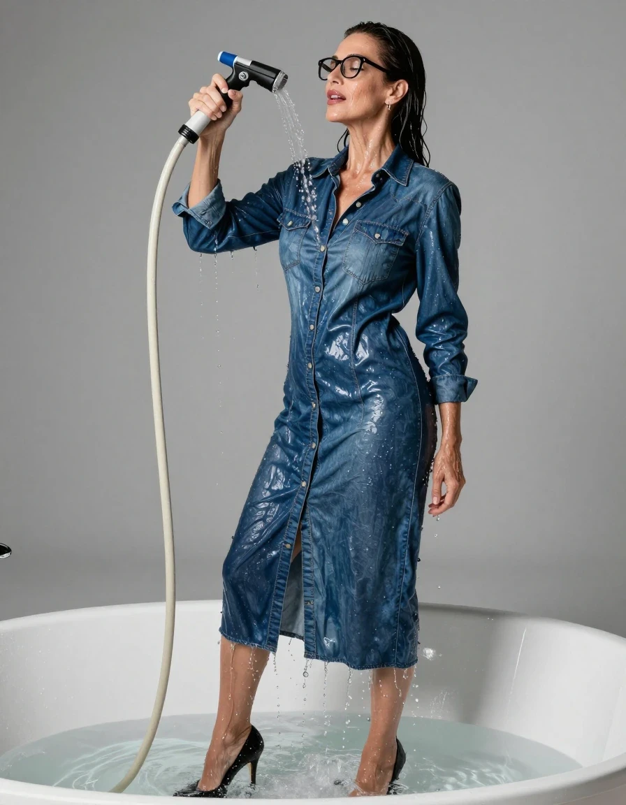photo of young woman, in soaking wet, drenched clothes,
high heels black shoes, maxi shiny blue denim shirt dress, maxi shiny blue denim shirt dress, pouring water with the hose standing in bathtub full of water, enjoying wet clothes stuck body, enjoying, wet clothes stuck to body, 
enjoying, wet clothes stuck to body,
detailed textures of the wet clothes, wet face, wet plastered hair,
wet, drenched, professional, high-quality details, full body view.
sharp focus, ultra-high pixel detail, realistic, high-quality, full colors, incredibly detailed, 4k, 8k, 16k, hyper-realistic, RAW photo, masterpiece, ultra-detailed, professionally color graded, professional photograph, europen brunette skinny woman 50 years old, long dark black hair, office glasses, very big and thick lips, complete body, wet skin, wet clothes, damp fabric, wet skin, wet clothes, damp fabric, wet skin, wet clothes, damp fabric, wet skin, wet clothes, damp fabric, wet skin, wet clothes, damp fabric, wet skin, wet clothes, damp fabric, wet skin, wet clothes, damp fabric