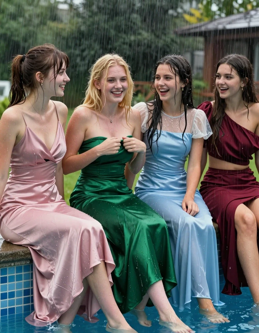 photo of young woman, in soaking wet, drenched clothes,
, , prom satin dress, girls sitting on the edge of a pool in the pouring rain, 
enjoying, wet clothes stuck to body,
detailed textures of the wet clothes, wet face, wet plastered hair,
wet, drenched, professional, high-quality details, full body view.
sharp focus, ultra-high pixel detail, realistic, high-quality, full colors, incredibly detailed, 4k, 8k, 16k, hyper-realistic, RAW photo, masterpiece, ultra-detailed, professionally color graded, professional photograph, 4 college girls both having fun together. All a similar age, a nineteen year old girl, with a flat and slim body, skinny body, flat and skinny chest, a She has a wide square young face but a small very skinny waist and skinny legs, a very small chest and very small breasts, she is a pale brunette with ponytail and bangs. She has a small body, She is full of youthful energy. wearing a pale pink formal satin dress with a very low v-neck. Her friend has blonde hair and large size DD breasts,a wide square face, she is wearing a strapless green satin flat strapless prom dress, she struggles to keep the top up. The third girl is 19, with brunette hair, she is wearing a short pale blue satin gown with a highish neckline and a sparkly sheer short sleeve cream undershirt. The 4th girl is brunette with a small body and thin legs, she is wearing a maroon red one shoulder aesymmetrical top  that cuts off at the midriff and a maroon skirt. all of them except the blonde girl have very small breasts. wet skin, wet clothes, damp fabric,, wet skin, wet clothes, damp fabric, wet skin, wet clothes, damp fabric, wet skin, wet clothes, damp fabric, wet skin, wet clothes, damp fabric, wet skin, wet clothes, damp fabric, wet skin, wet clothes, damp fabric, wet skin, wet clothes, damp fabric, wet skin, wet clothes, damp fabric