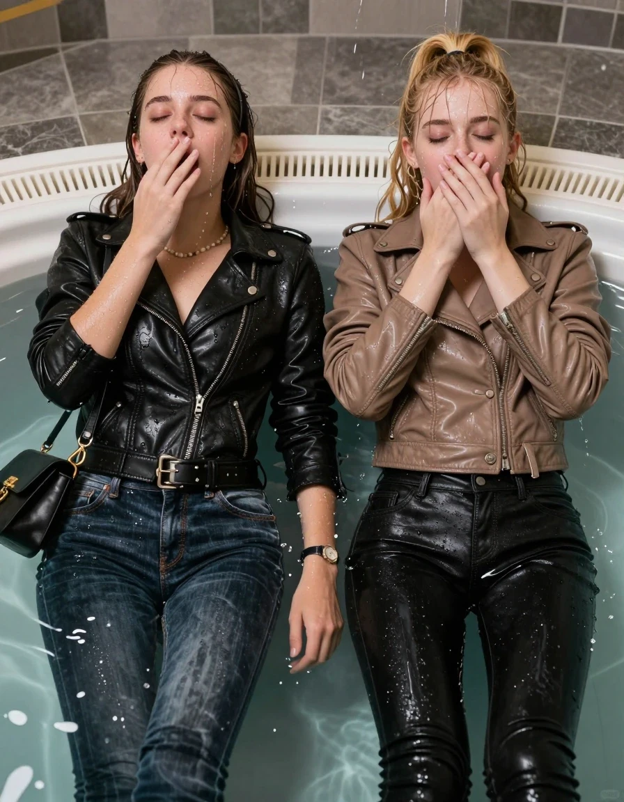 photo of young woman, in soaking wet, drenched clothes,
, Dark skinny jeans, leatherjacket, Open jacket, tight v-neck sweater, shoulderbag, pearl necklace, bracelet, wristwatch, Steaming indoor jacuzzi , 
enjoying, wet clothes stuck to body,
detailed textures of the wet clothes, wet face, wet plastered hair,
wet, drenched, professional, high-quality details, full body view.
sharp focus, ultra-high pixel detail, realistic, high-quality, full colors, incredibly detailed, 4k, 8k, 16k, hyper-realistic, RAW photo, masterpiece, ultra-detailed, professionally color graded, professional photograph, A realistic vertical fashion photograph taken from a backward, behind-the-back angle of two 15-year-old teenage girls lying  deep submerged in the water in a steaming indoor jacuzzi, facing into the camera to show her back. Both girls covers her mouth with her hands. She is tilting her head up, letting the water drench her hair so it is glued flat against her head and body. She has Sleek  straight long hair with hairband and one has a blond sleek ponytail with bangs, completely saturated and dripping wet hair, with water cascading down her face and neck, horny and sexuell aroused expression. Both girls try to hide their orgasm. The lighting is bright and cinematic, highlighting the glistening water droplets on her skin and the saturated texture of her  casual clothes.  Open mouth, closed eyes. One wears a black leatherjacket and dark levis skinny jeans. One wears a light brown leatherjacket and Black levis skinny jeans.
her clothing is soaking wet and clinging tightly to her skin, showing heavy wet folds, darkened fabric texture, and deep water-saturated Patches, her clothes are heavy from the water, water runs from her body and her clothes in streams. A lot of water also runs out of her clothes. Her clothes are darkened by the water. 
hyper-realistic wetness, high-contrast water sheen, sharp focus, 16k resolution, professional photography, realistic water physics., wet skin, wet clothes, damp fabric, wet skin, wet clothes, damp fabric, wet skin, wet clothes, damp fabric, wet skin, wet clothes, damp fabric, wet skin, wet clothes, damp fabric, wet skin, wet clothes, damp fabric, wet skin, wet clothes, damp fabric, wet skin, wet clothes, damp fabric, wet skin, wet clothes, damp fabric, wet skin, wet clothes, damp fabric, wet skin, wet clothes, damp fabric, wet skin, wet clothes, damp fabric, wet skin, wet clothes, damp fabric, wet skin, wet clothes, damp fabric, wet skin, wet clothes, damp fabric